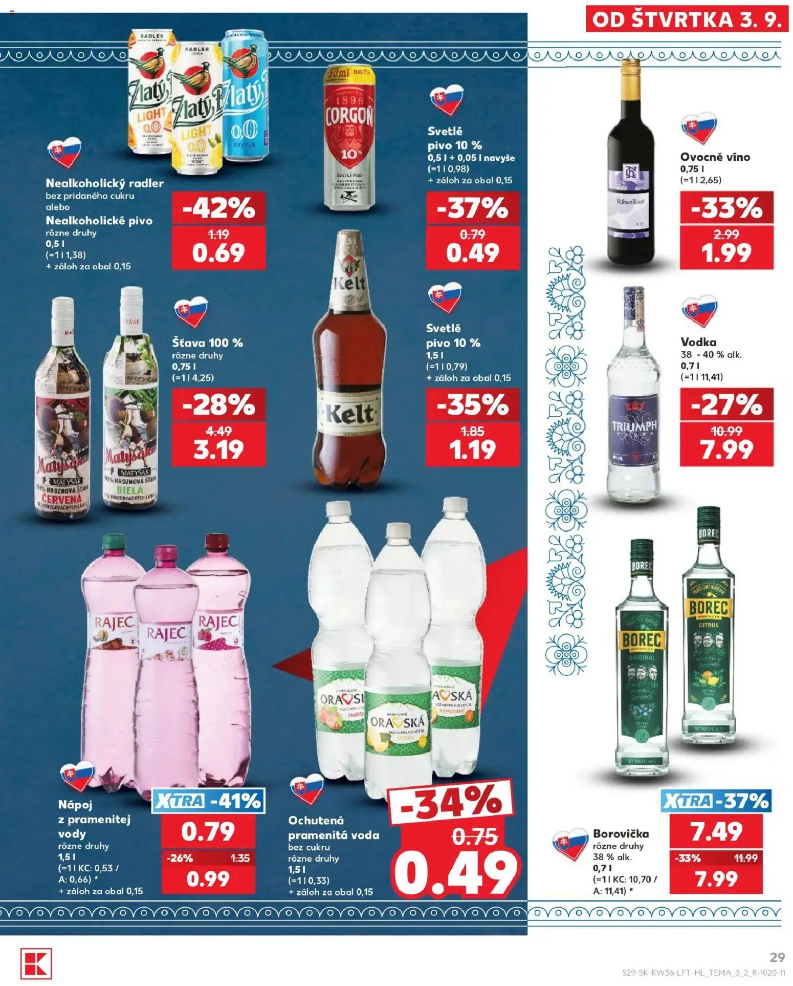 Náhľad Kaufland letáku platného od 03.09.2026 - Voda, Pivo, Vodka, Borovička, Radler, Kelt, Corgoň, Šťava