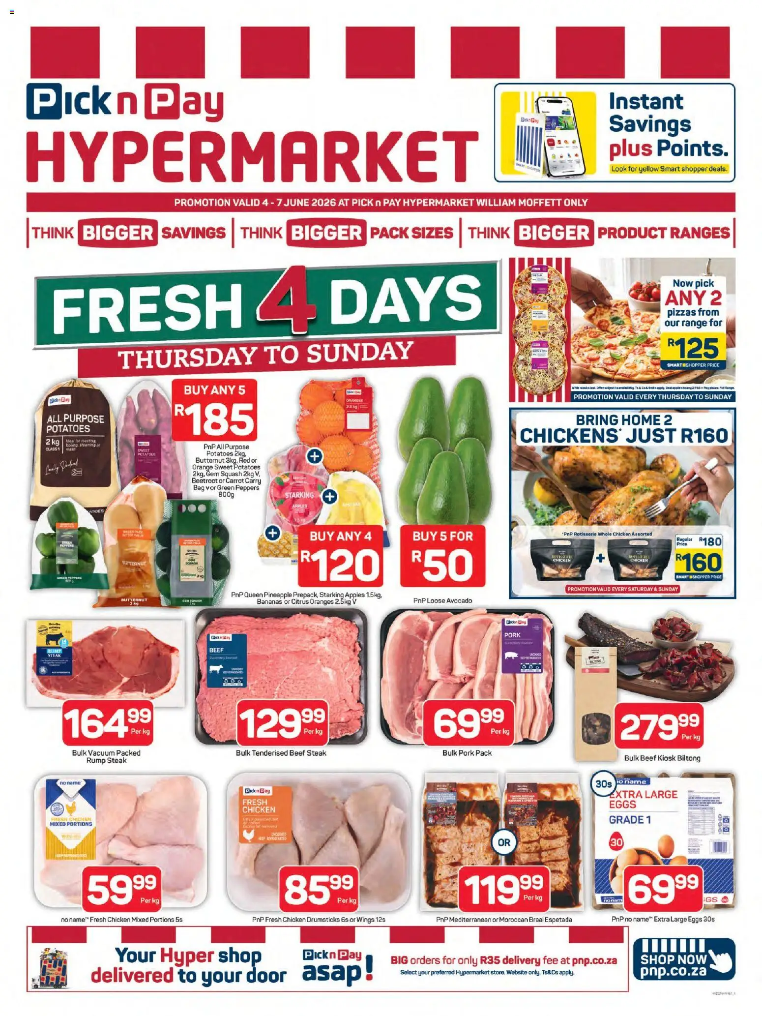 Preview of Pick n Pay flyer valid from 04/06/2026 - Apples, Bag, Eggs, Potatoes, Rump steak, Sweet potatoes, Squash, Beef