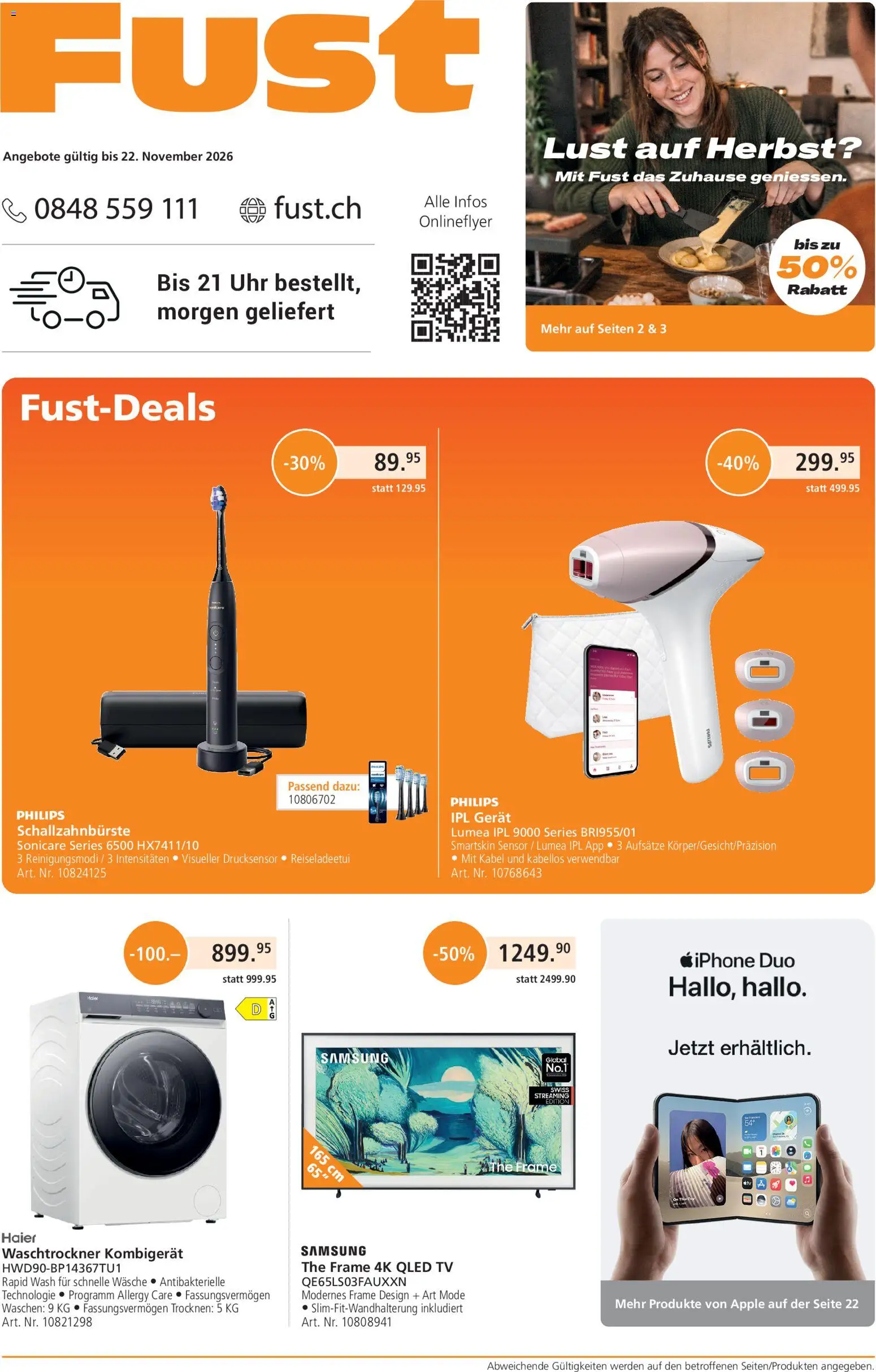 Vorschau des Merkblatts Fust aktionen vom Shop Fust gültig von 26.10.2026 bis 22.11.2026 - Apple, Samsung, Uhr, TV, Philips, Kabel, Waschtrockner