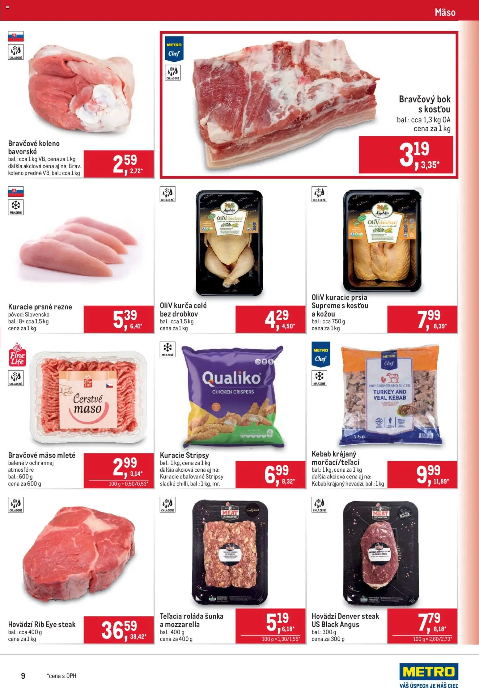 Náhľad Metro letáku platného od 21.10.2026 - Mäso, Mozzarella, Kuracie stripsy, Šunka, Rezne, Bravčové koleno, Kurča, Prsné rezne