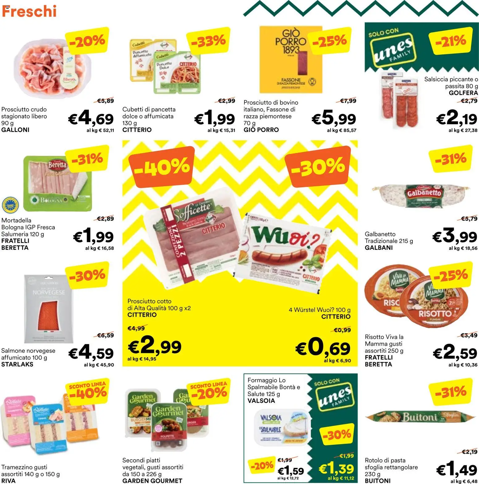 Anteprima dell'opuscolo Unes volantino dal negozio Unes valido da 19/10/2026 - Pasta, Polpette, Formaggio, Salmone, Prosciutto Crudo, Salsiccia, Tramezzino, Prosciutto Cotto