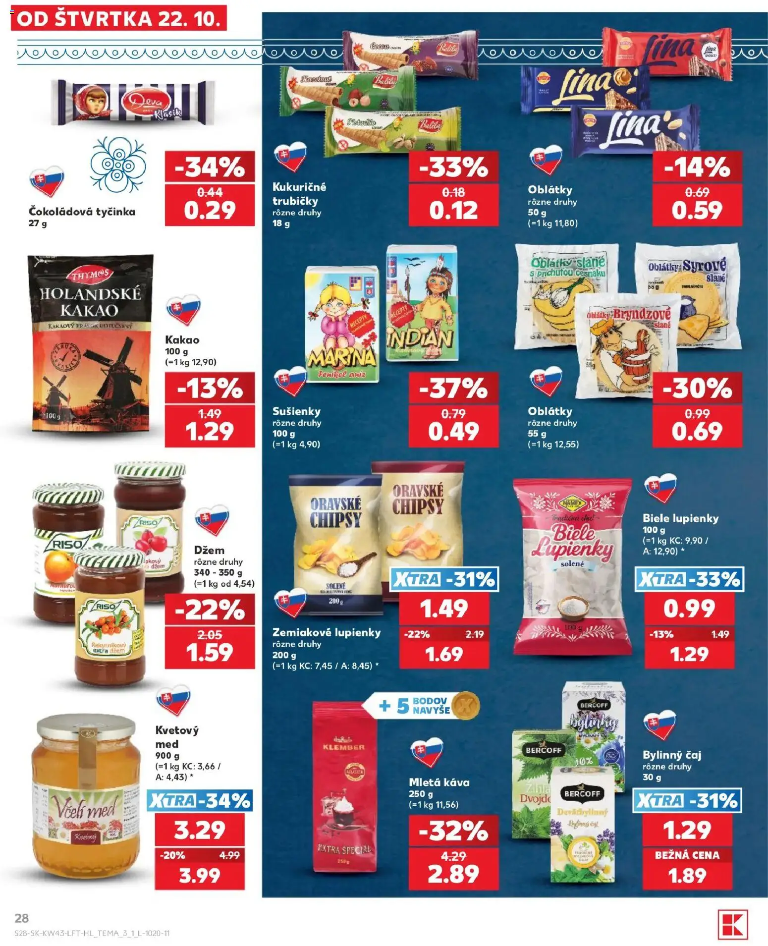 Náhľad Kaufland letáku platného od 22.10.2026 - Med, Káva, Kakao, Chipsy, Sušienky, Mletá káva, Bylinný čaj, Čokoládová tyčinka