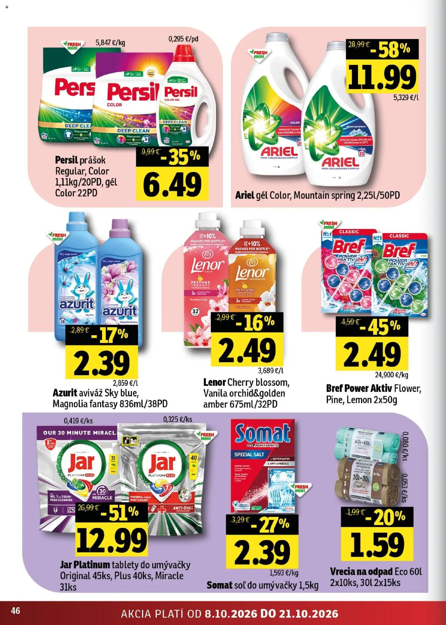 Náhľad Fresh letáku platného od 08.10.2026 - Jar, Ariel, Soľ, Tablety do umývačky, Persil, Lenor, Aviváž, Soľ do umývačky