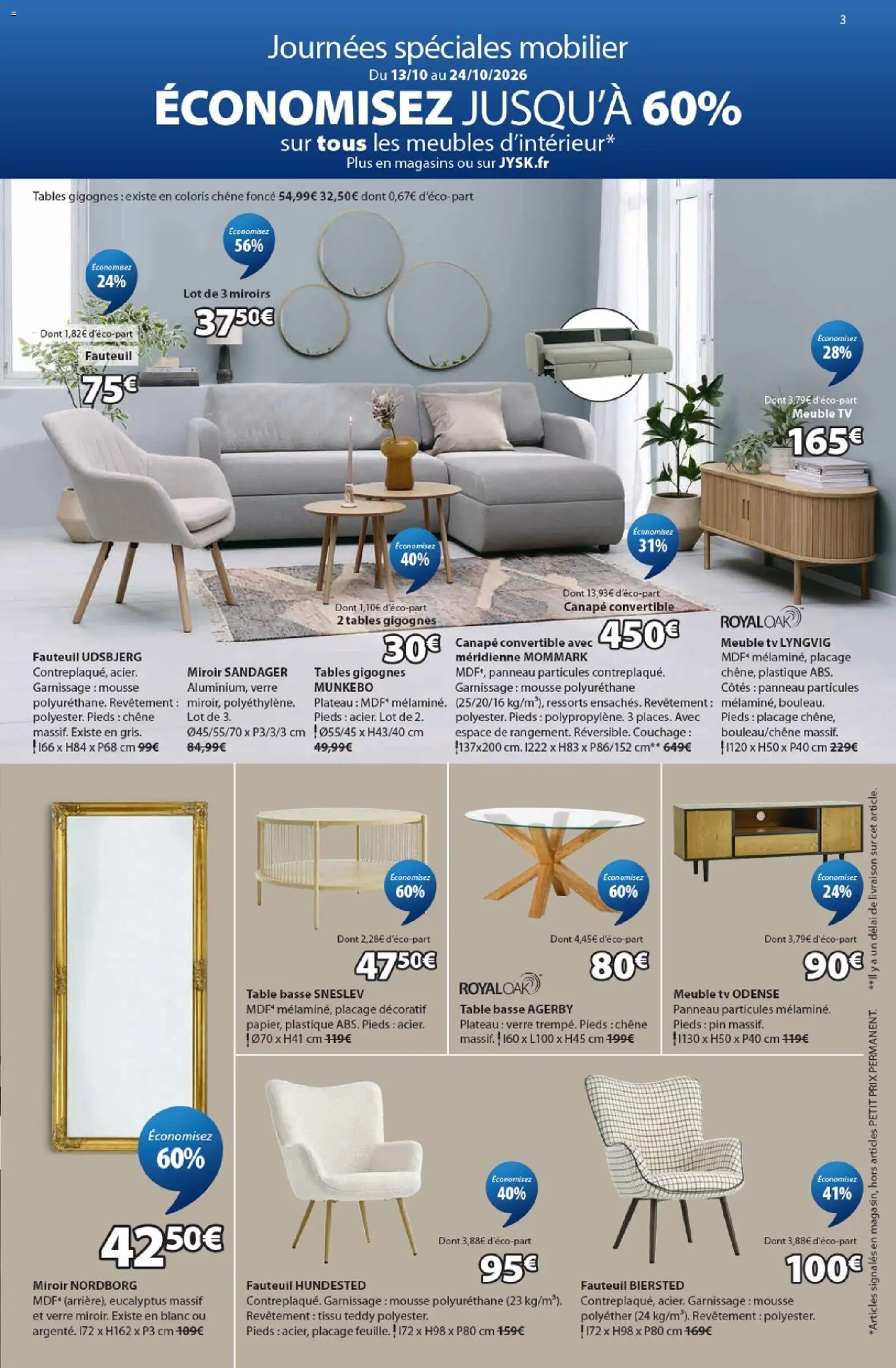 Prévisualisation de Jysk Offres du magasin Jysk formulaire valide 01/09/2026 - Table basse, Canapé convertible, Canapé, Fauteuil, Miroir, Meuble, Table, Tables gigognes