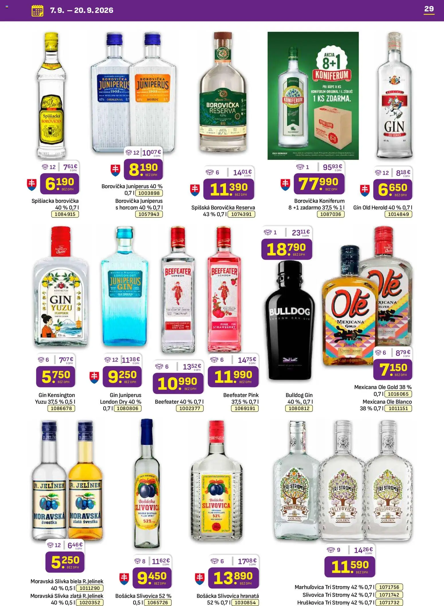 Náhľad Libex letáku platného od 07.09.2026 - Borovička, Gin, Beefeater, Slivovica, Bošácka slivovica, Koniferum, Beefeater Pink, Hruškovica