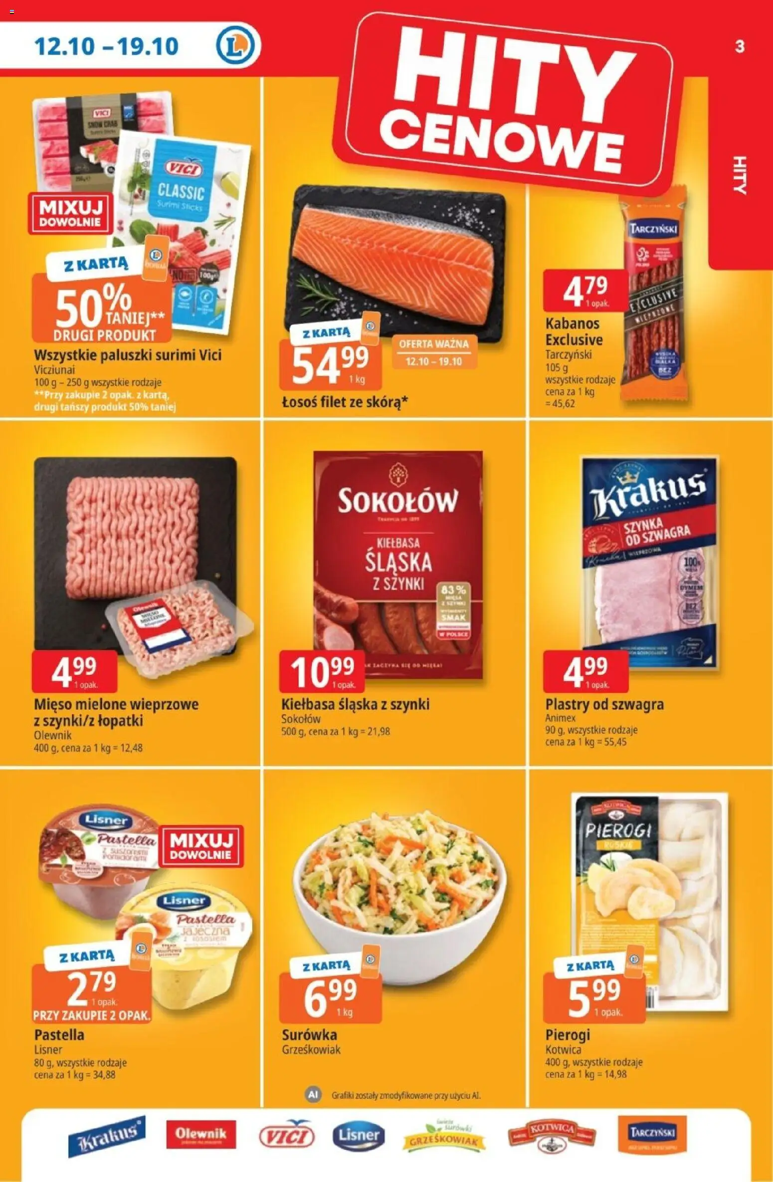 Pogląd gazetki "E.Leclerc gazetka - Tanio To Tu" ze sklepu E.Leclerc ważnej od 12.10.2026 - Surimi, Łosoś, Surówka, Mięso mielone, Paluszki, Kabanos, Kiełbasa śląska, Paluszki surimi