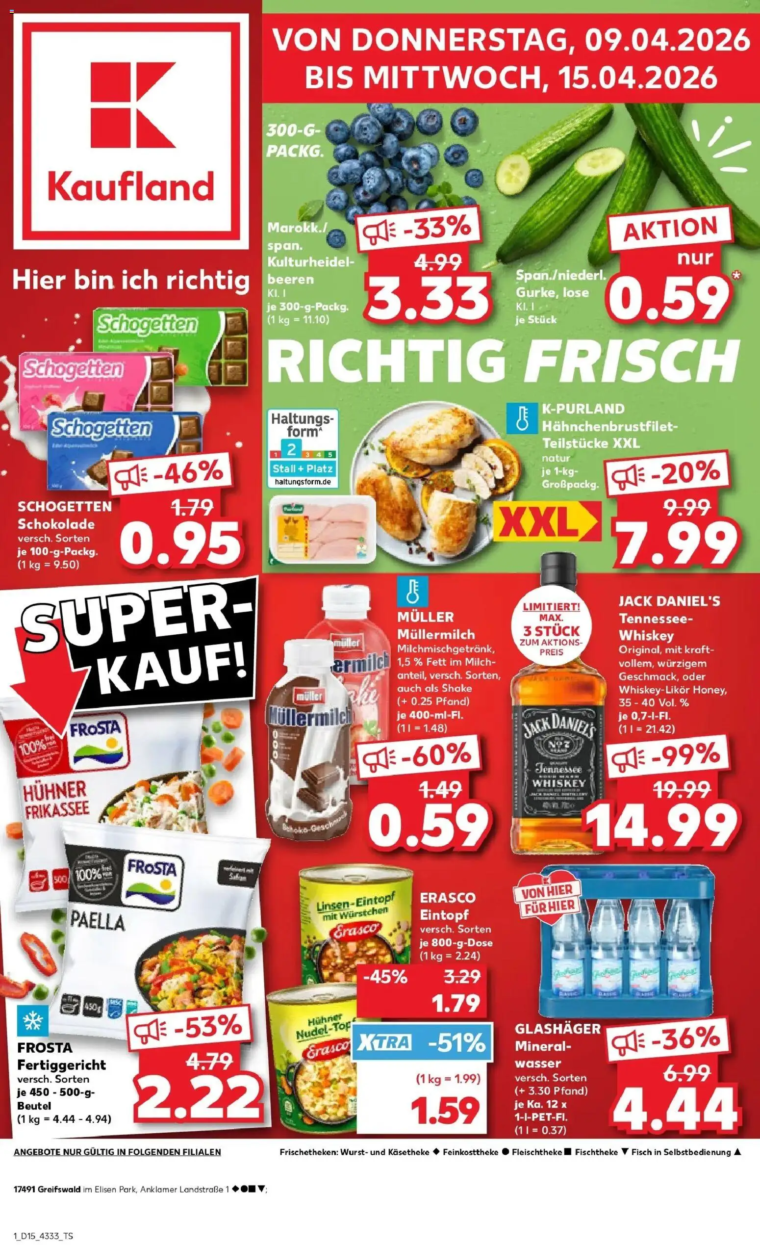 Vorschau von dem Prospekt des Geschäftes Kaufland, gültig ab dem 08.04.2026 - Schokolade, Fisch, Mineralwasser, Milch, Frosta, Whiskey, Schogetten, Jack Daniel's
