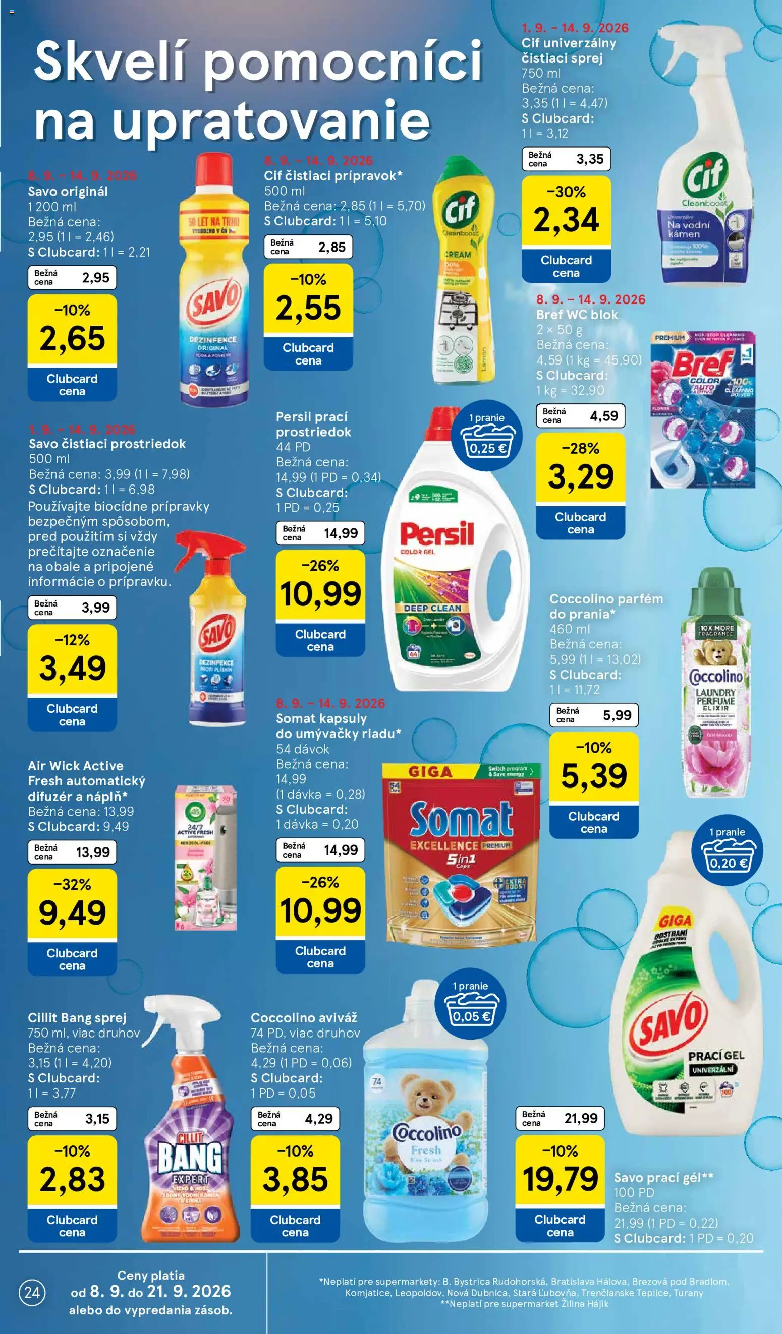 Náhľad Tesco letáku platného od 09.09.2026 - Wc, Parfém, Savo, Persil, Aviváž, Difúzer, Wc blok, Prací gél