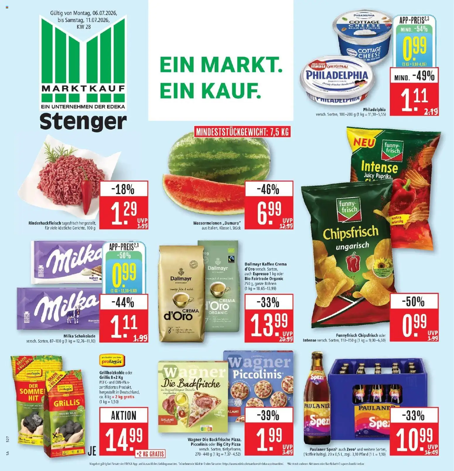 Vorschau von dem Prospekt des Geschäftes Marktkauf, gültig ab dem 06.07.2026 - Schokolade, Philadelphia, Milka schokolade, Milka, Paprika, Paulaner, Piccolinis, Salami