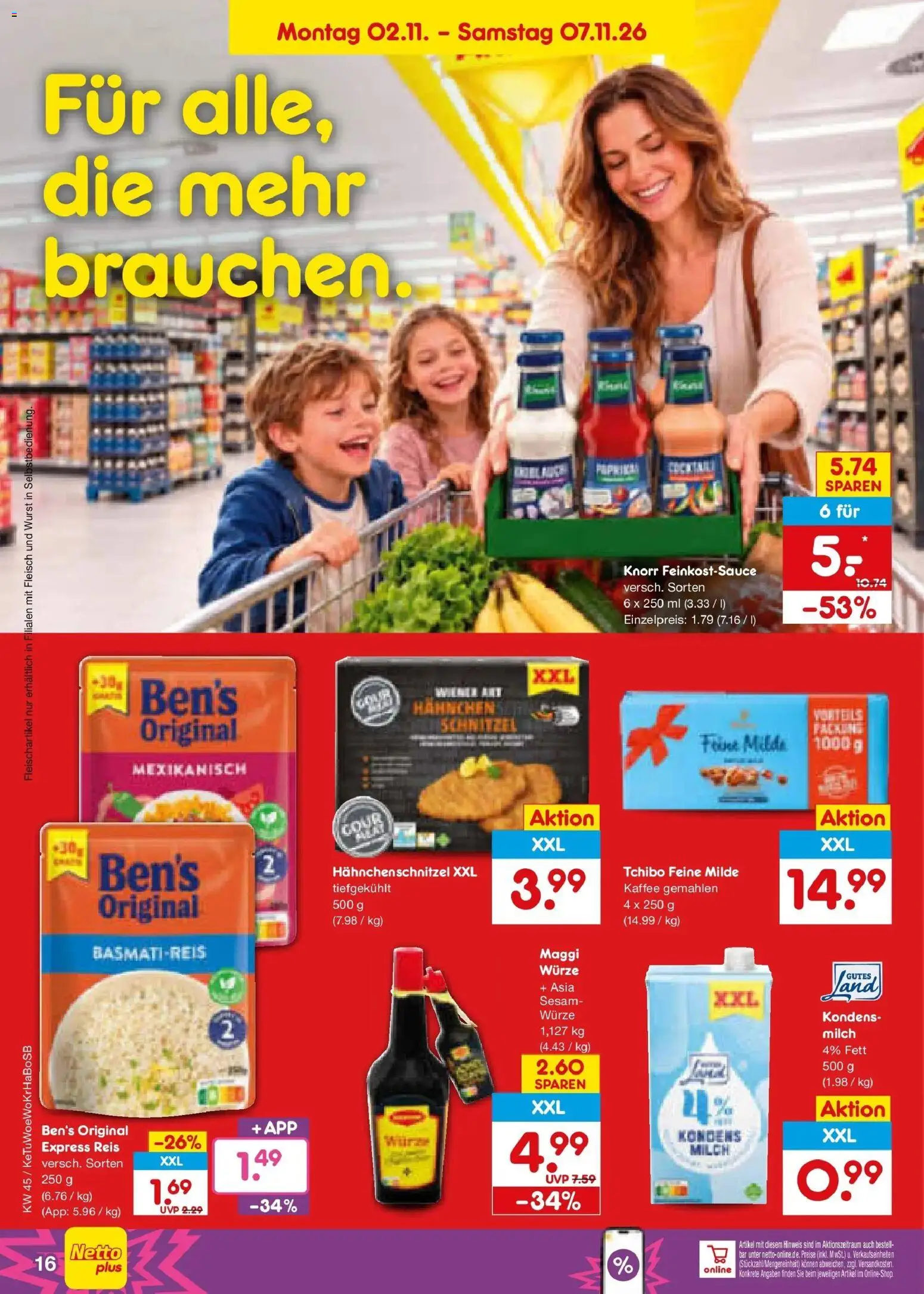 Vorschau von dem Prospekt des Geschäftes Netto Marken-Discount, gültig ab dem 02.11.2026 - Kaffee, Schnitzel, Wurst, Milch, Fleisch, Reis, Basmatireis, Knorr