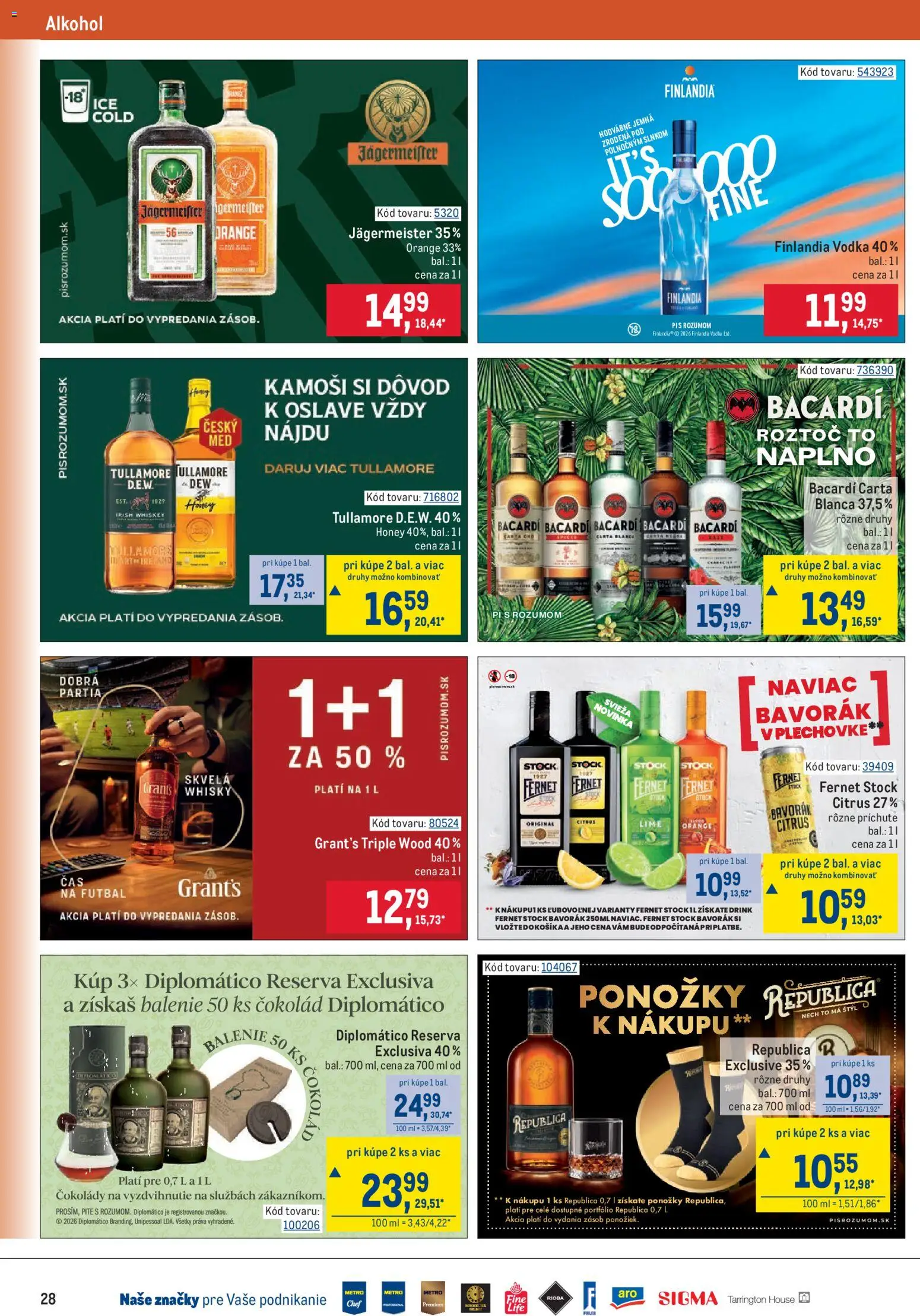 Náhľad Metro letáku platného od 07.10.2026 - Vodka, Jägermeister, Ponožky, Whisky, Fernet, Finlandia, Fernet Stock, Republica