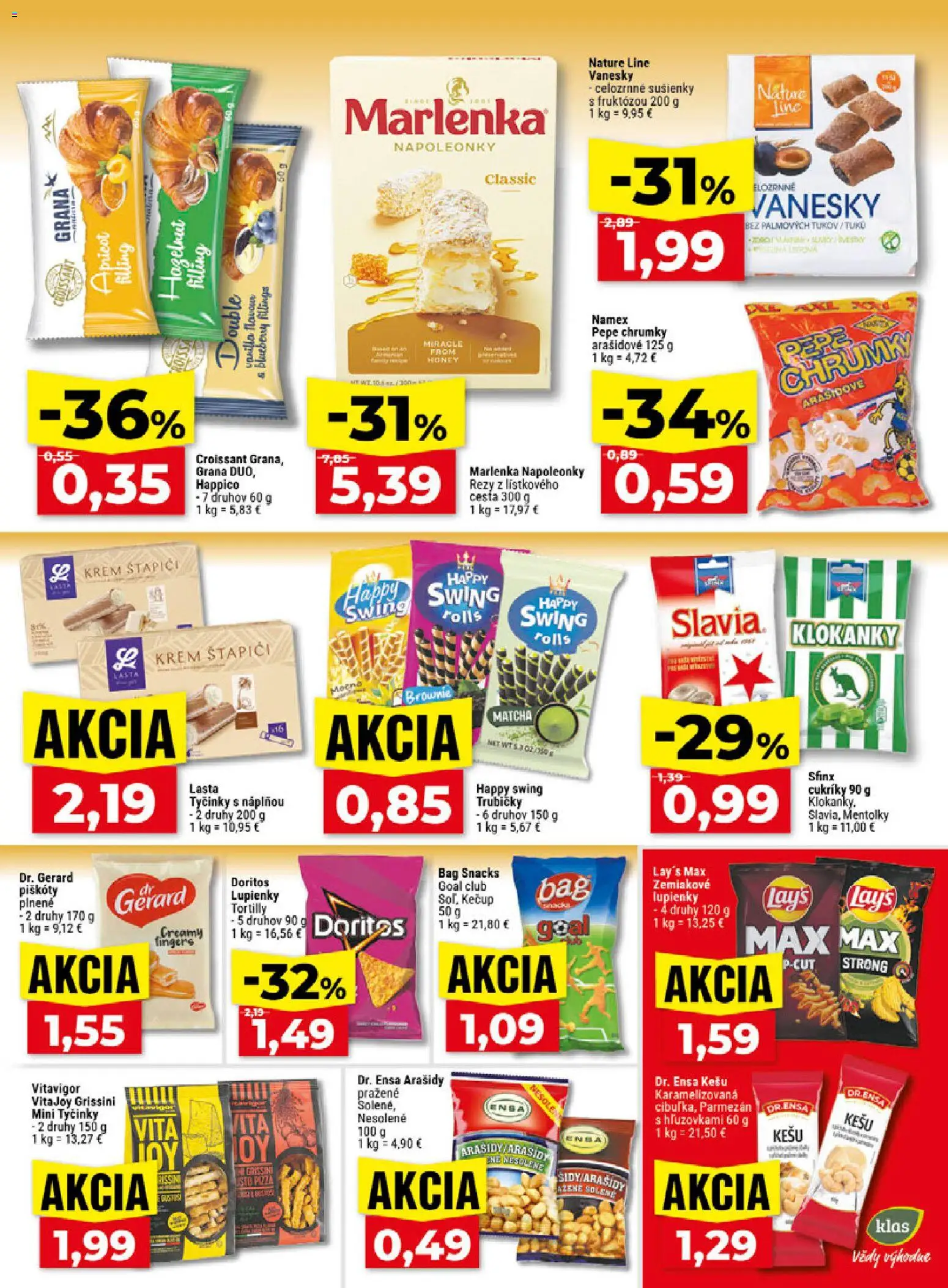 Náhľad Klas letáku platného od 19.10.2026 - Marlenka, Croissant, Trubičky, Arašidy, Cukríky, Krém, Piškóty, Tortilly