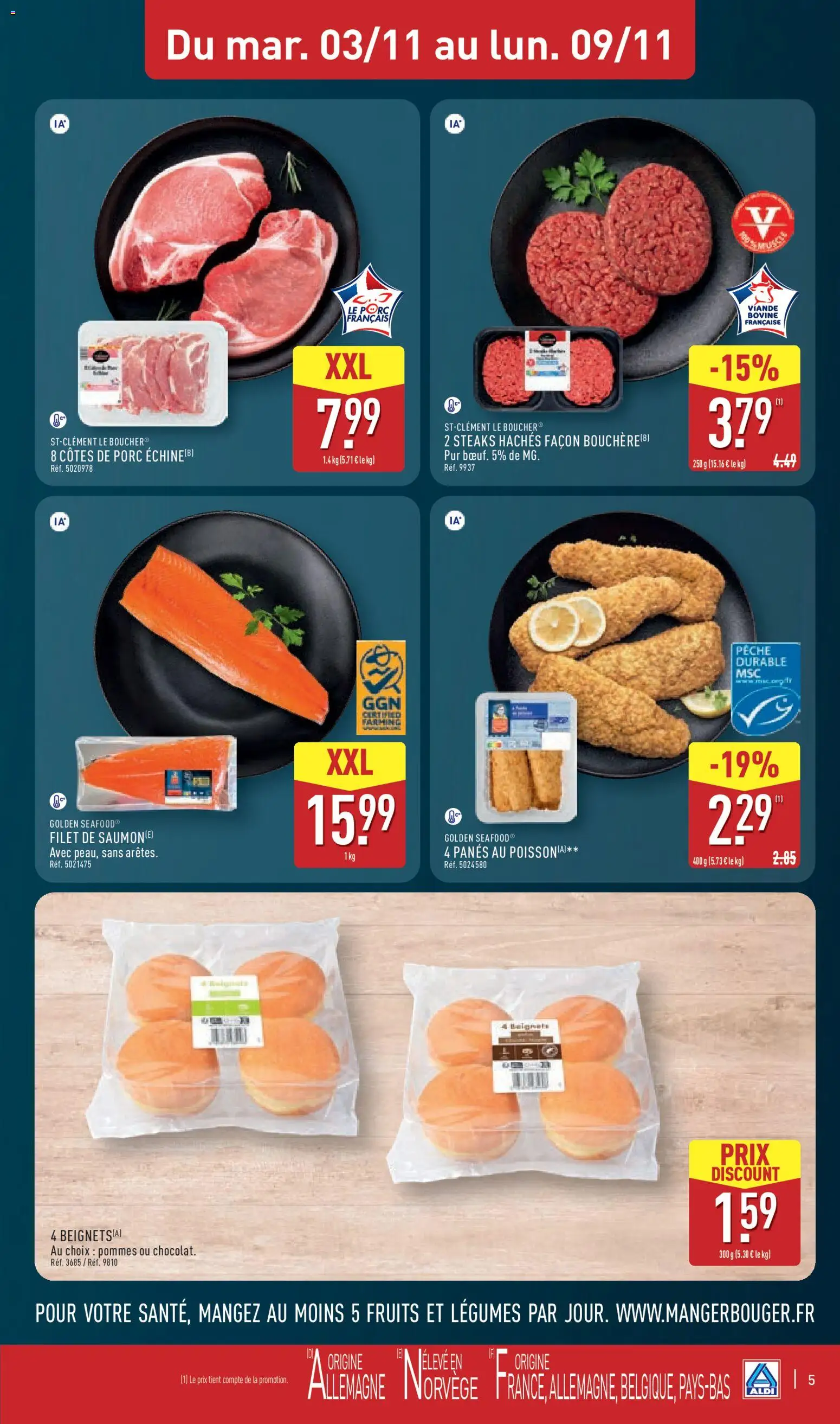 Prévisualisation de Aldi catalogue du magasin Aldi formulaire valide 03/11/2026 - Poisson, Pêche, Saumon, Viande, Côtes de porc, Pommes, Filet de saumon, Steaks hachés façon