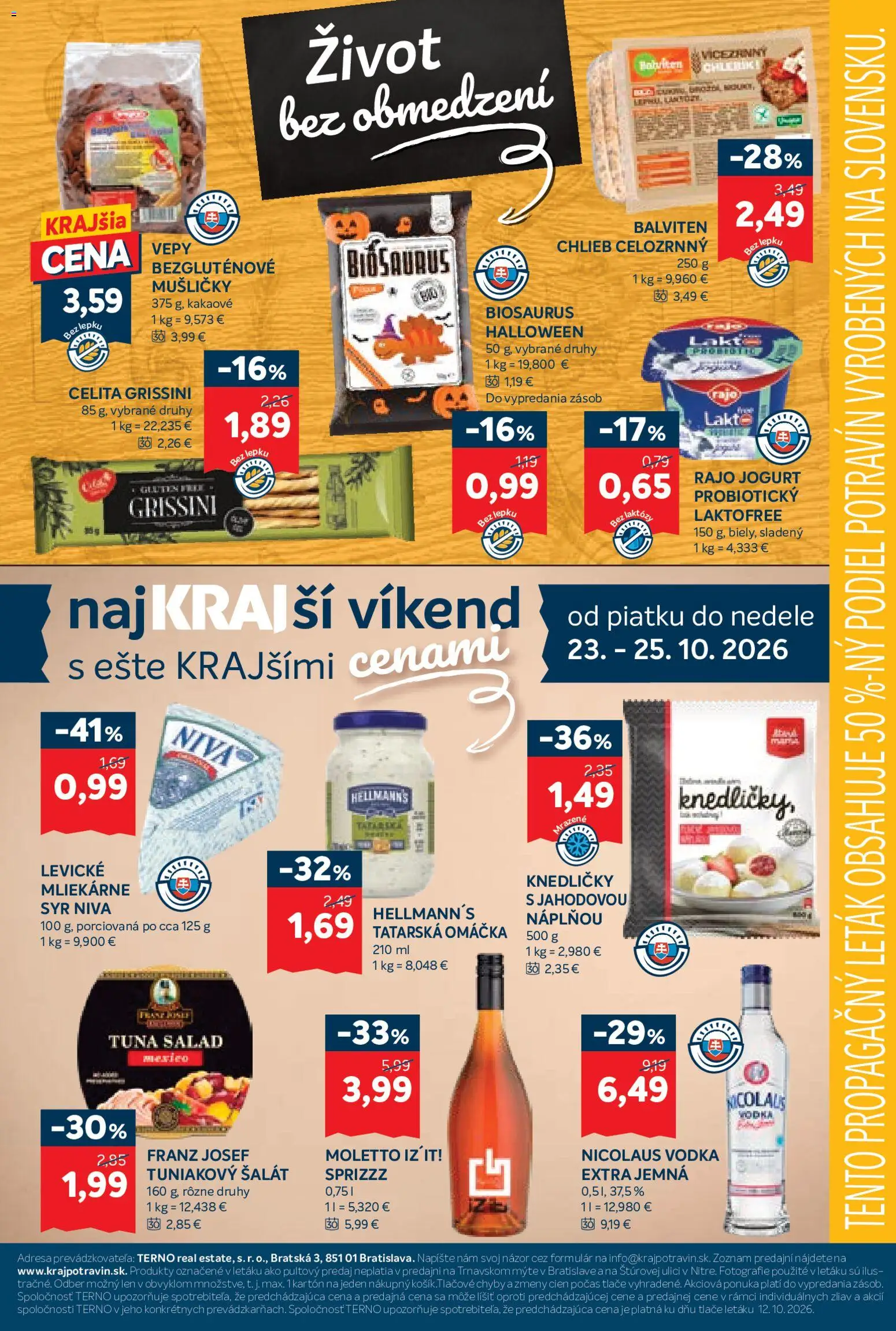 Náhľad Kraj letáku platného od 22.10.2026 - Syr, Vodka, Šalát, Nicolaus vodka, Chlieb, Jogurt, Tuniakový šalát, Omáčka