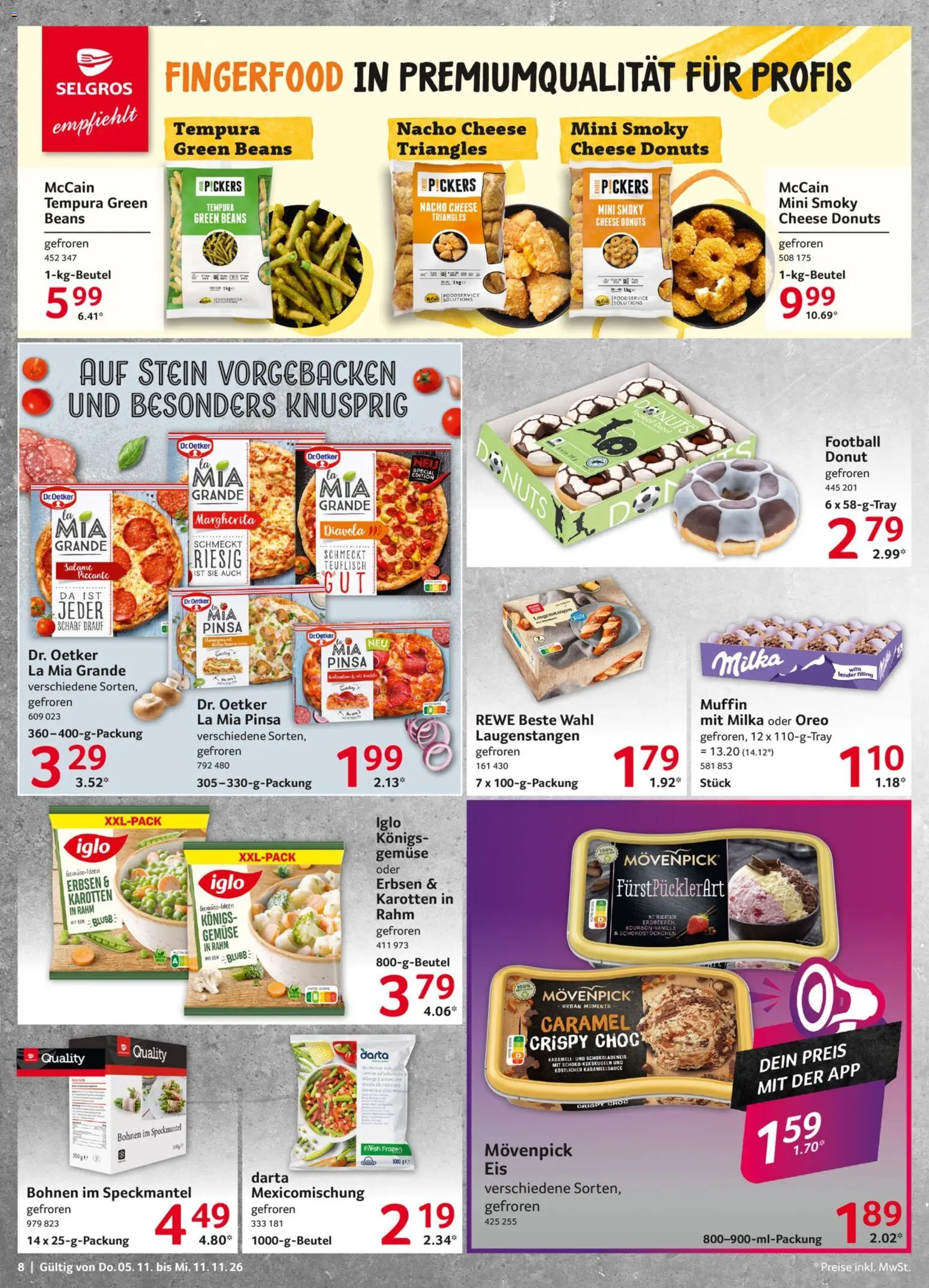 Vorschau von dem Prospekt des Geschäftes Selgros, gültig ab dem 05.11.2026 - Erdbeeren, Donuts, Gemüse, Football, Milka, Erbsen, Iglo, McCain