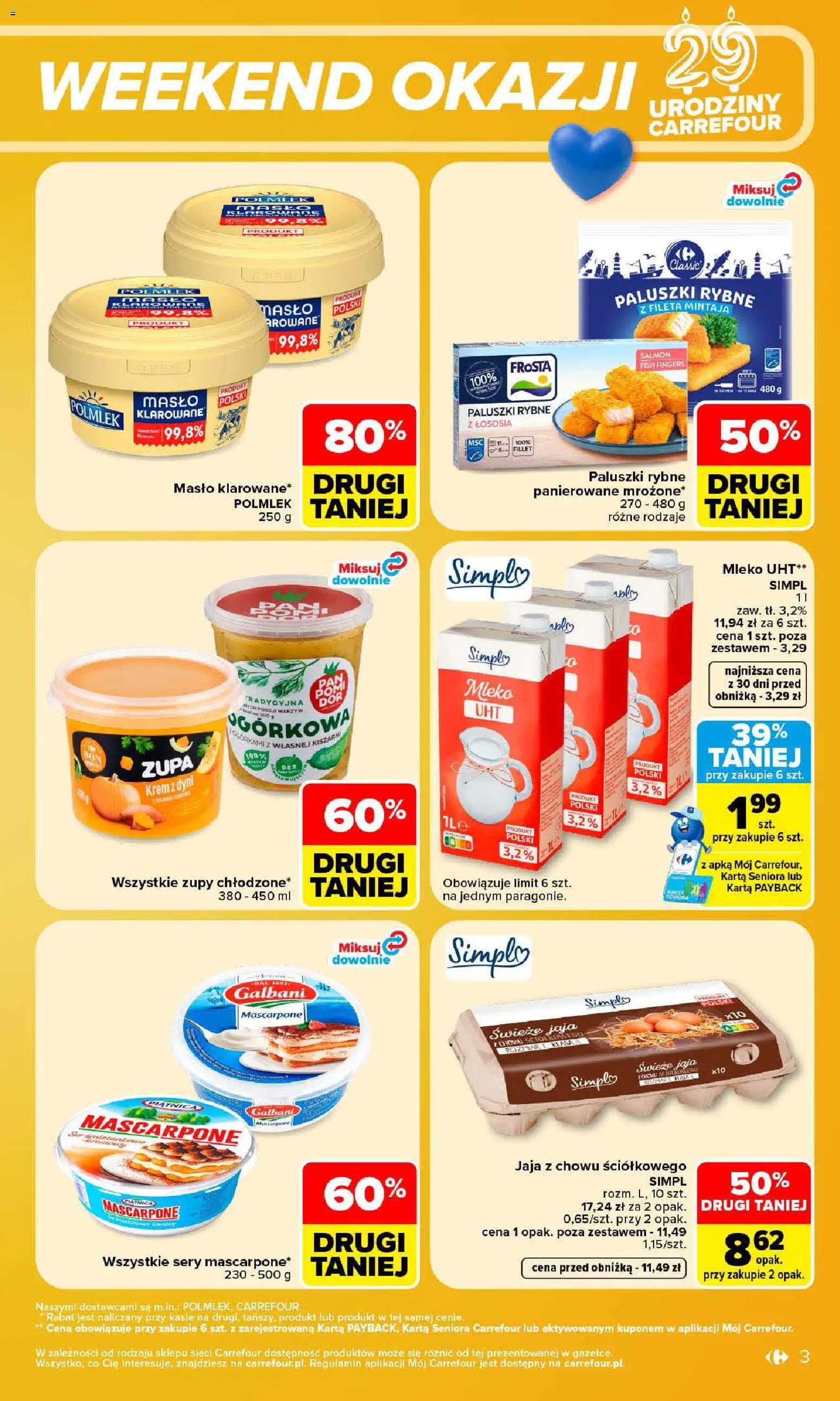 Pogląd gazetki "Carrefour gazetka - Weekend okazji" ze sklepu Carrefour ważnej od 29.10.2026 - Masło, Krem, Zupy, Karta, Paluszki, Jaja, Mleko UHT, Frosta