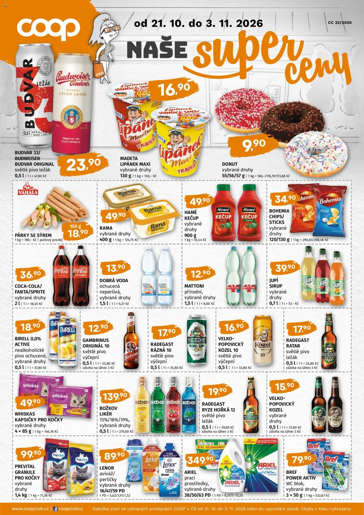 Náhled nabídky: Trefa Trefa leták - COOP naše super ceny platný od 21.10.2026 - Pivo, Rýže, Ariel, Donut, Budvar, Granule, Rama, Likér
