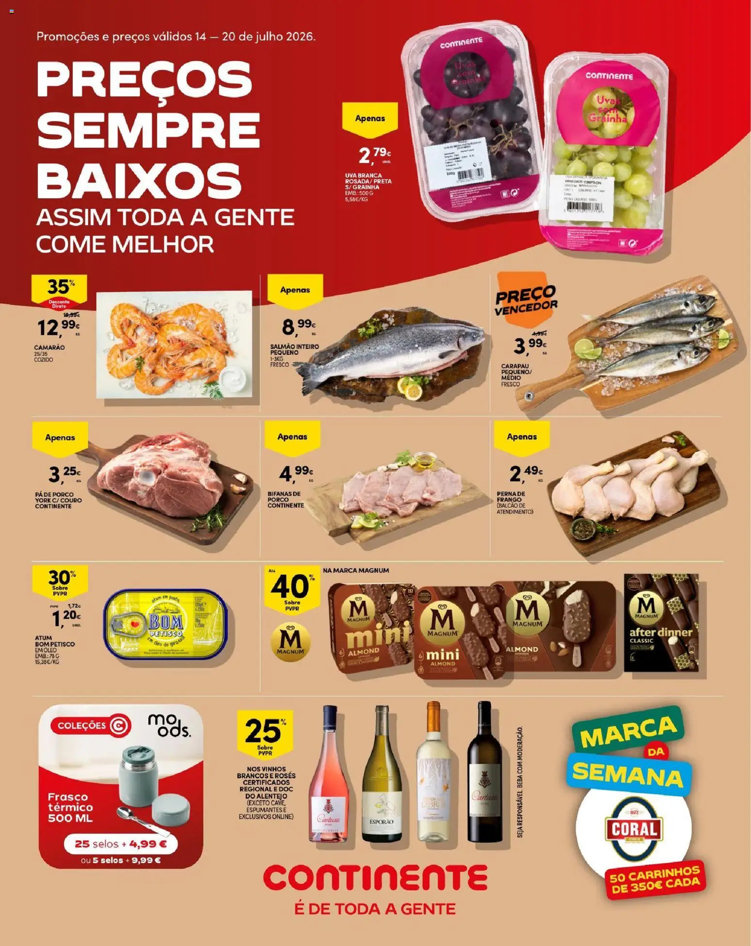 Pré-visualização do folheto da loja Continente válida a partir de 14/07/2026 - Frango, Pá, Camarão, Atum, Uvas, Óleo, Salmão, Pá de porco