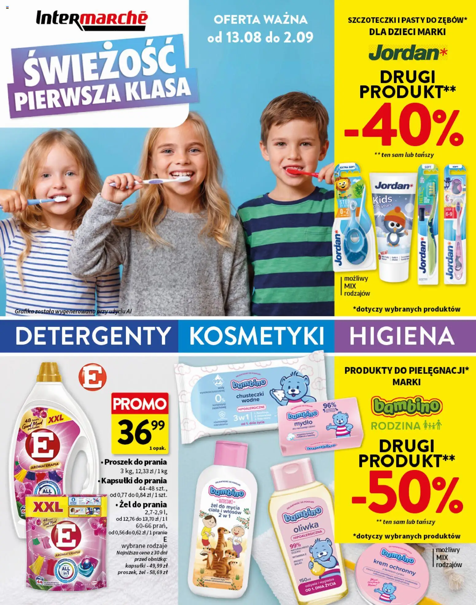 Pogląd gazetki "Intermarche gazetka - Świeżość pierwsza klasa" ze sklepu Intermarche ważnej od 13.08.2026 - Kapsułki do prania, Krem, Proszek do prania, Chusteczki, Mydło, Żel do prania, Kapsułki, Proszek