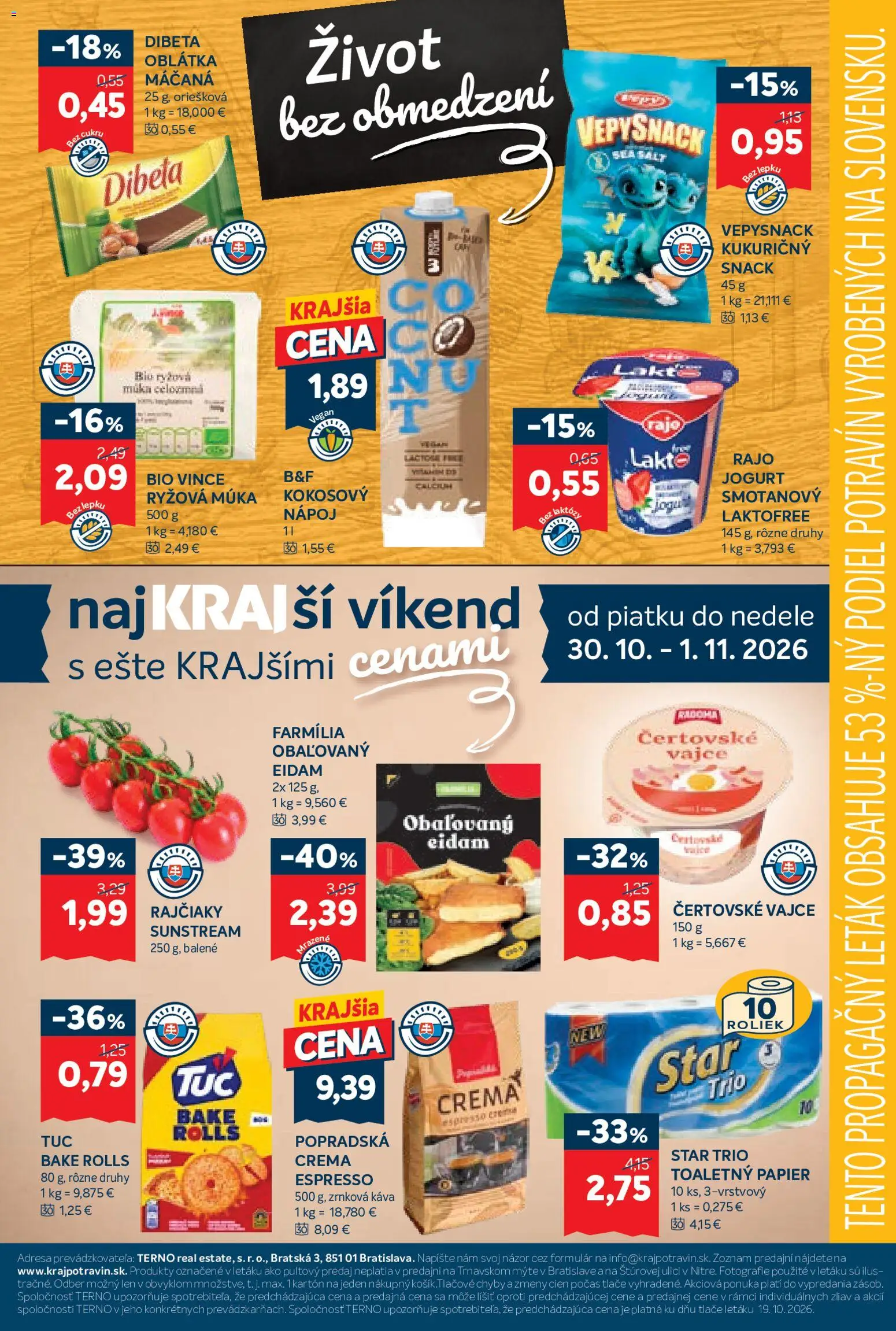 Náhľad Kraj letáku platného od 29.10.2026 - Káva, Toaletný papier, Zrnková káva, Jogurt, Ryžová múka, Múka, Eidam