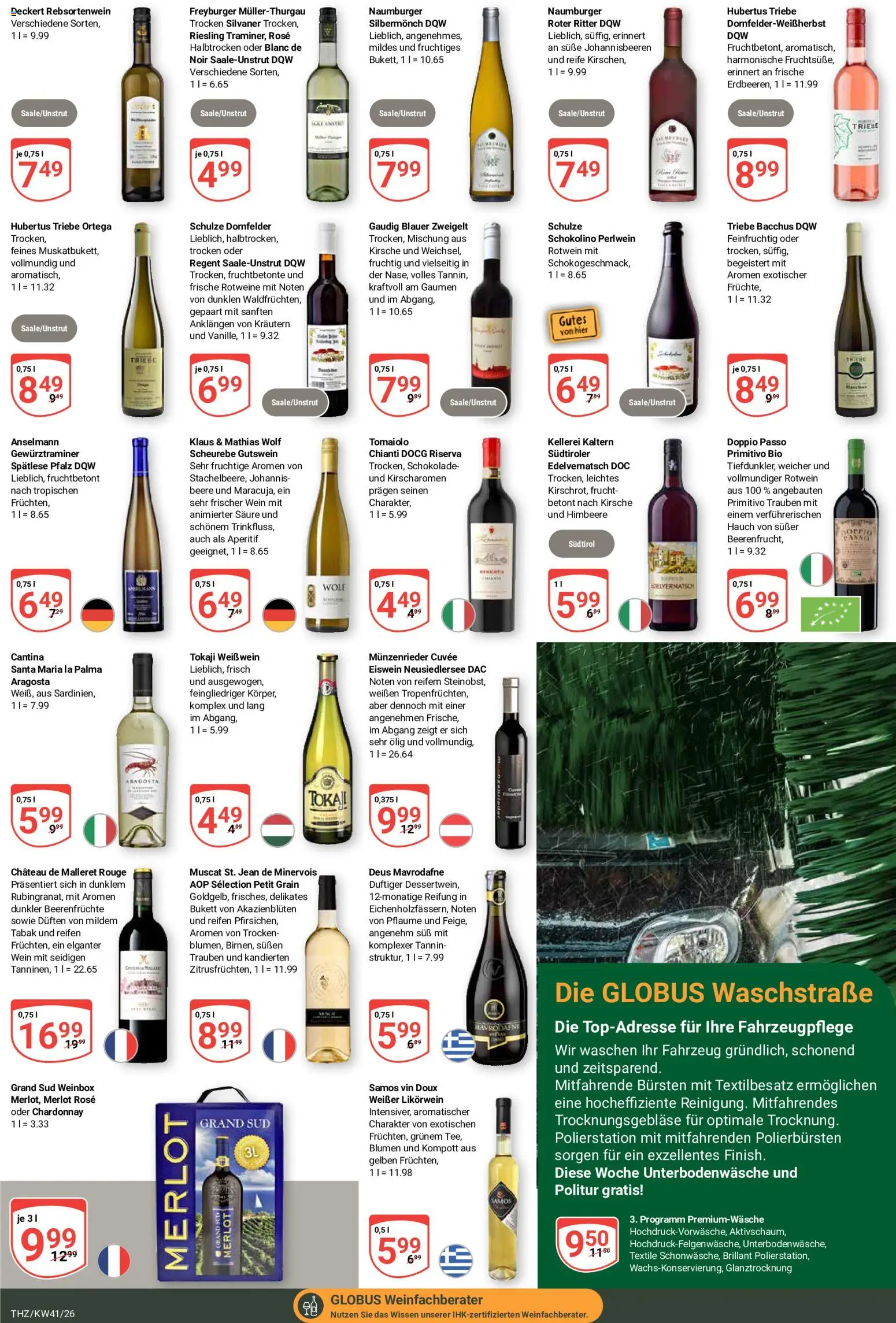 Vorschau von dem Prospekt des Geschäftes Globus, gültig ab dem 05.10.2026 - Schokolade, Himbeere, Trauben, Rotwein, Doppio Passo, Rouge, Merlot, Grand sud
