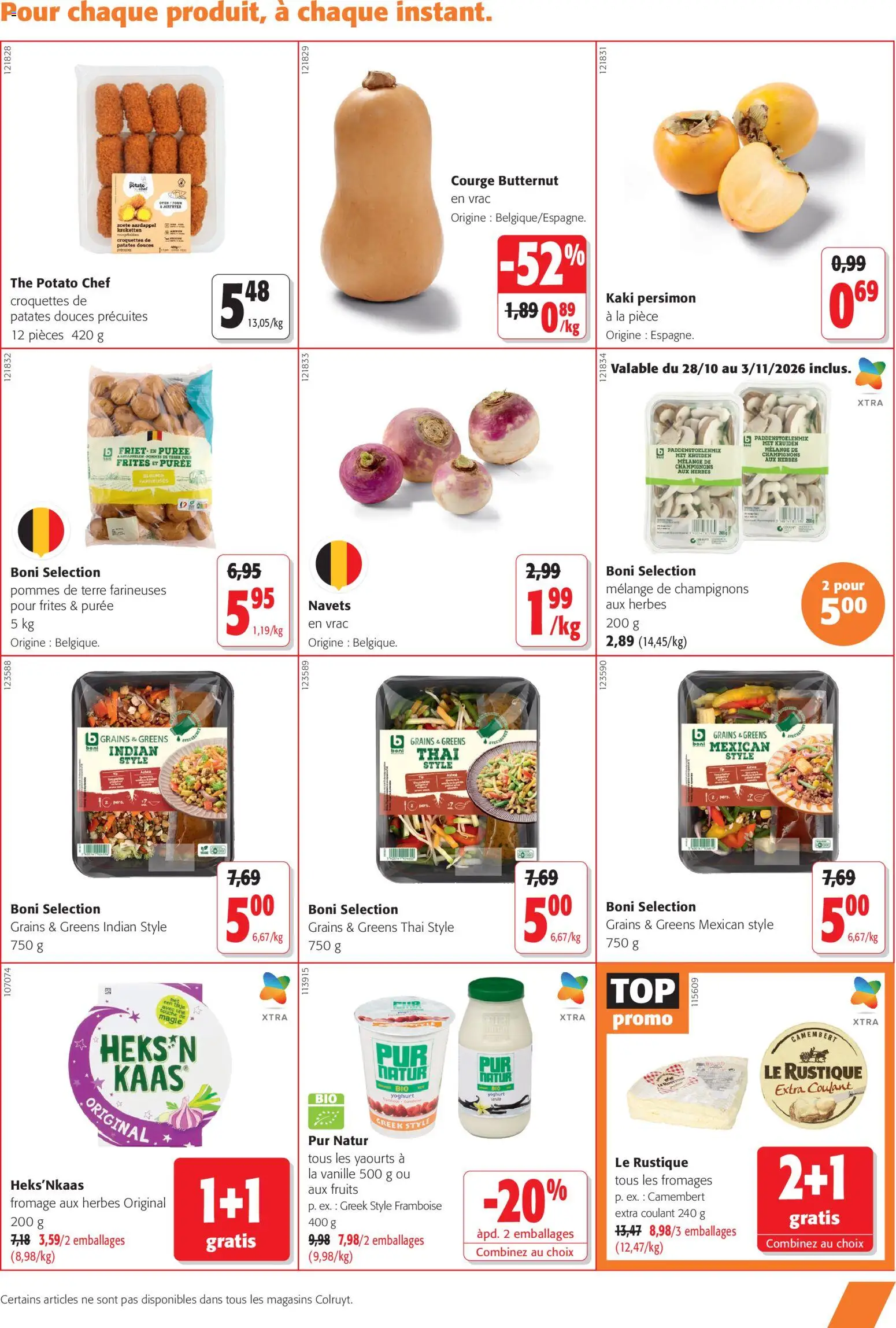 Prévisualisation de Colruyt Toutes les offres du magasin Colruyt formulaire valide 21/10/2026 - Butternut, Fruits, Patates douces, Vanille, Croquettes, Champignons, Pommes, Yaourts