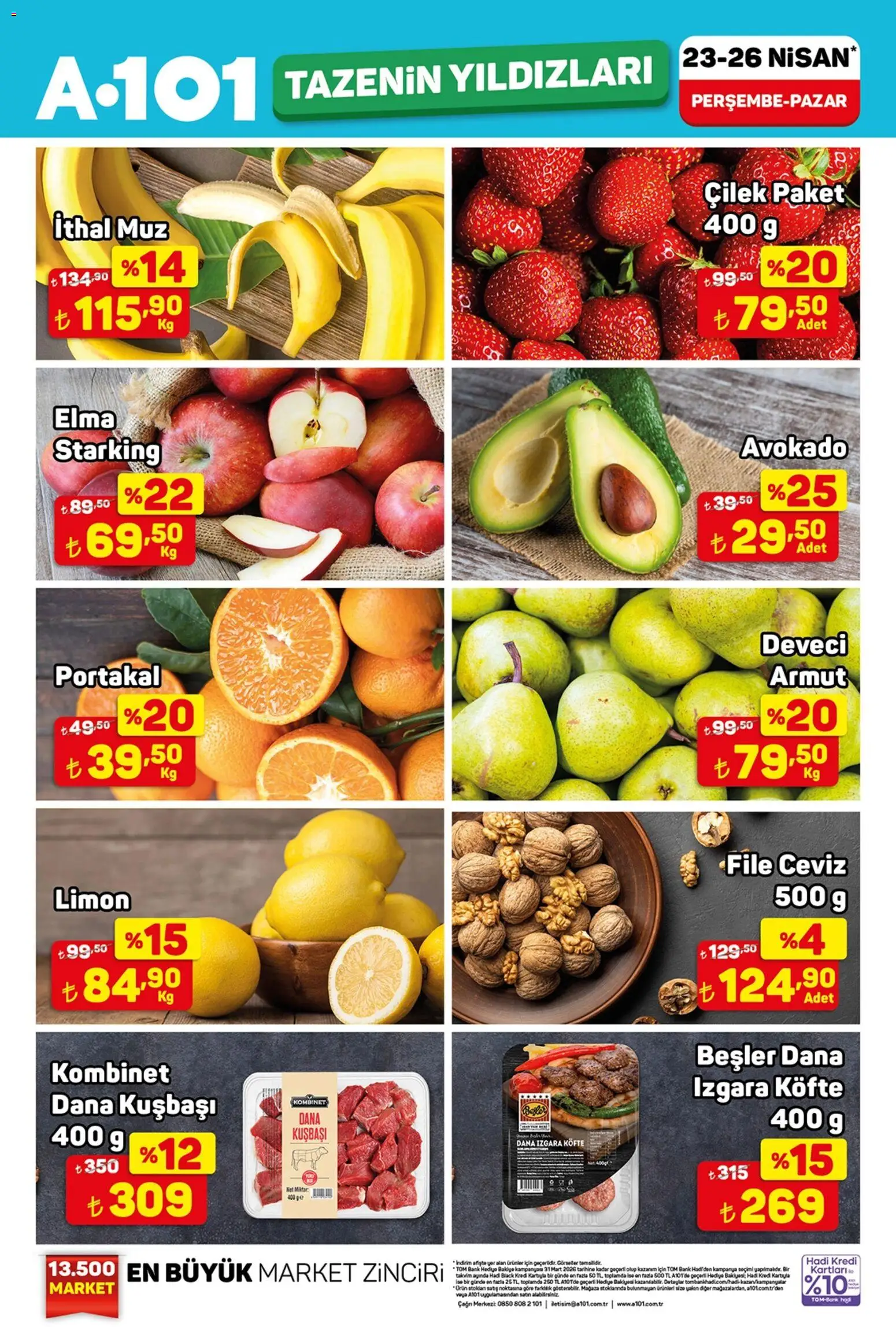 A101 A101 - Tazenin Yıldızları 23.04.2026 - Broşürünün önizlemesi - Armut, Çilek, Avokado, Elma, Portakal, Ceviz, Dana kuşbaşı, Izgara köfte