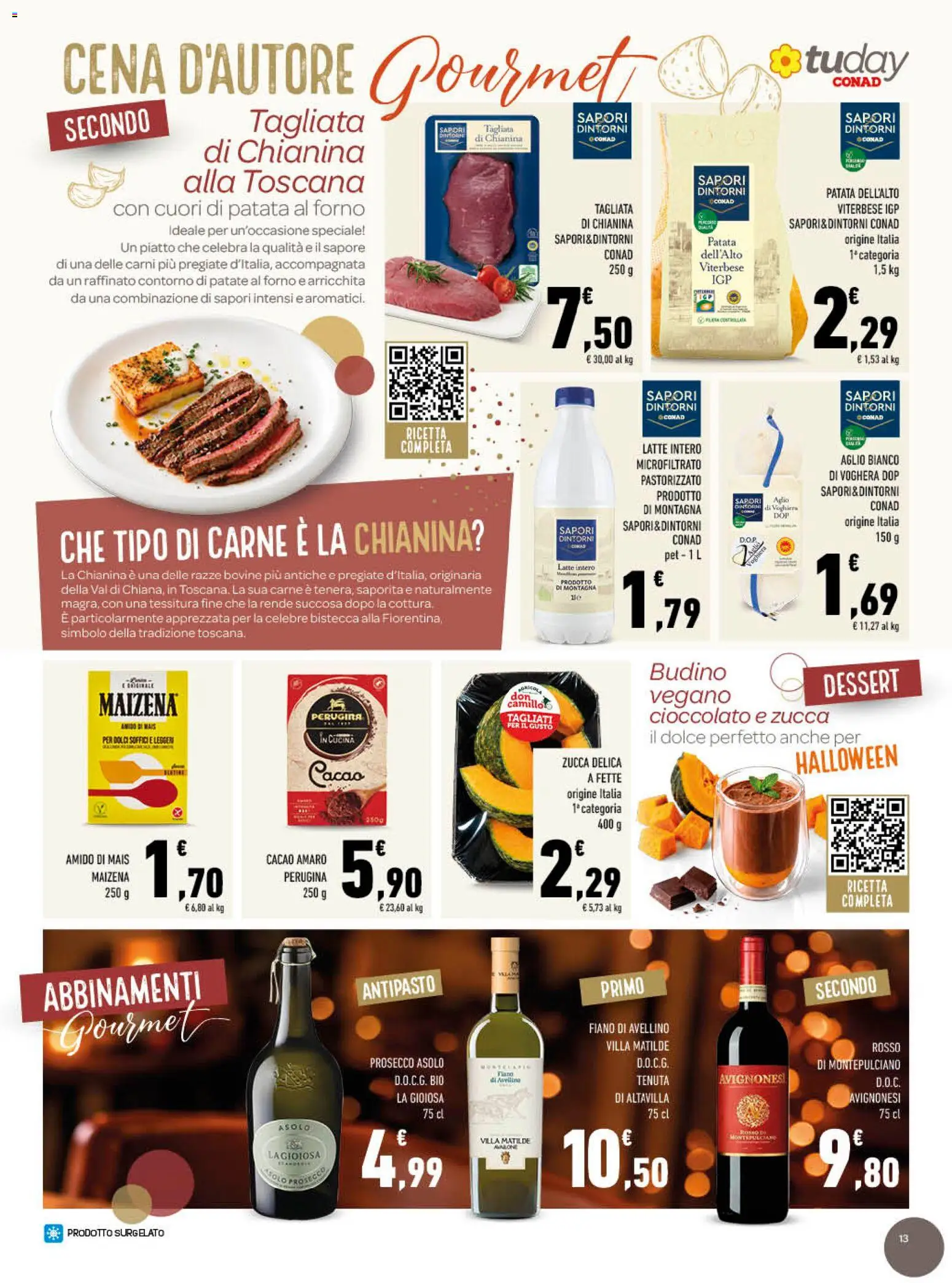 Anteprima dell'opuscolo Conad volantino Cena d'autore gourmet Lazio dal negozio Conad valido da 21/10/2026 - Forno, Carne, Dolci, Cioccolato, Prosecco, Aglio, Mais, Amaro
