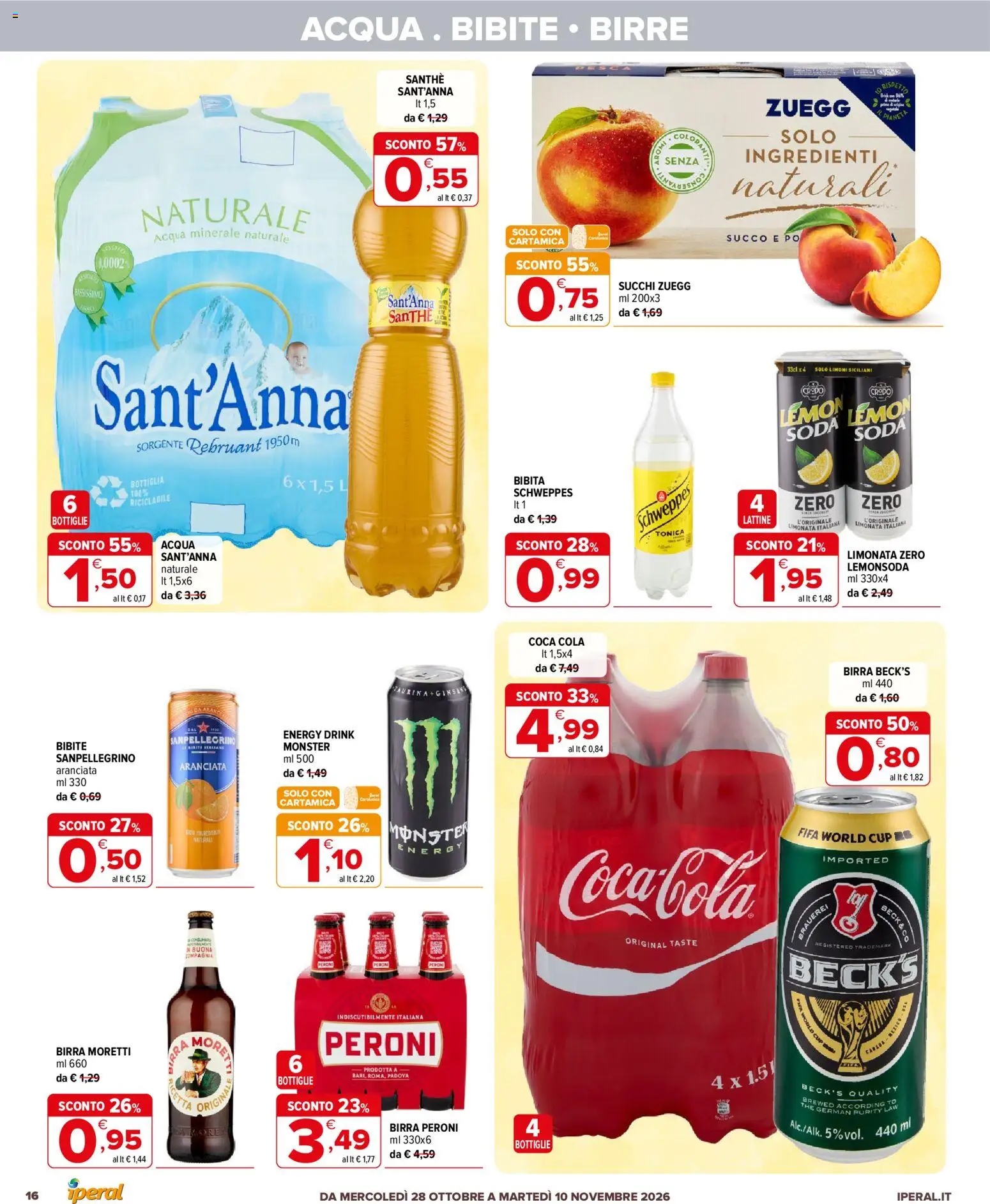 Anteprima dell'opuscolo Iperal volantino Monza dal negozio Iperal valido da 28/10/2026 - Acqua, Coca Cola, Acqua minerale, Bibita, Birra Peroni, Limoni, Limonata, Birra Beck's