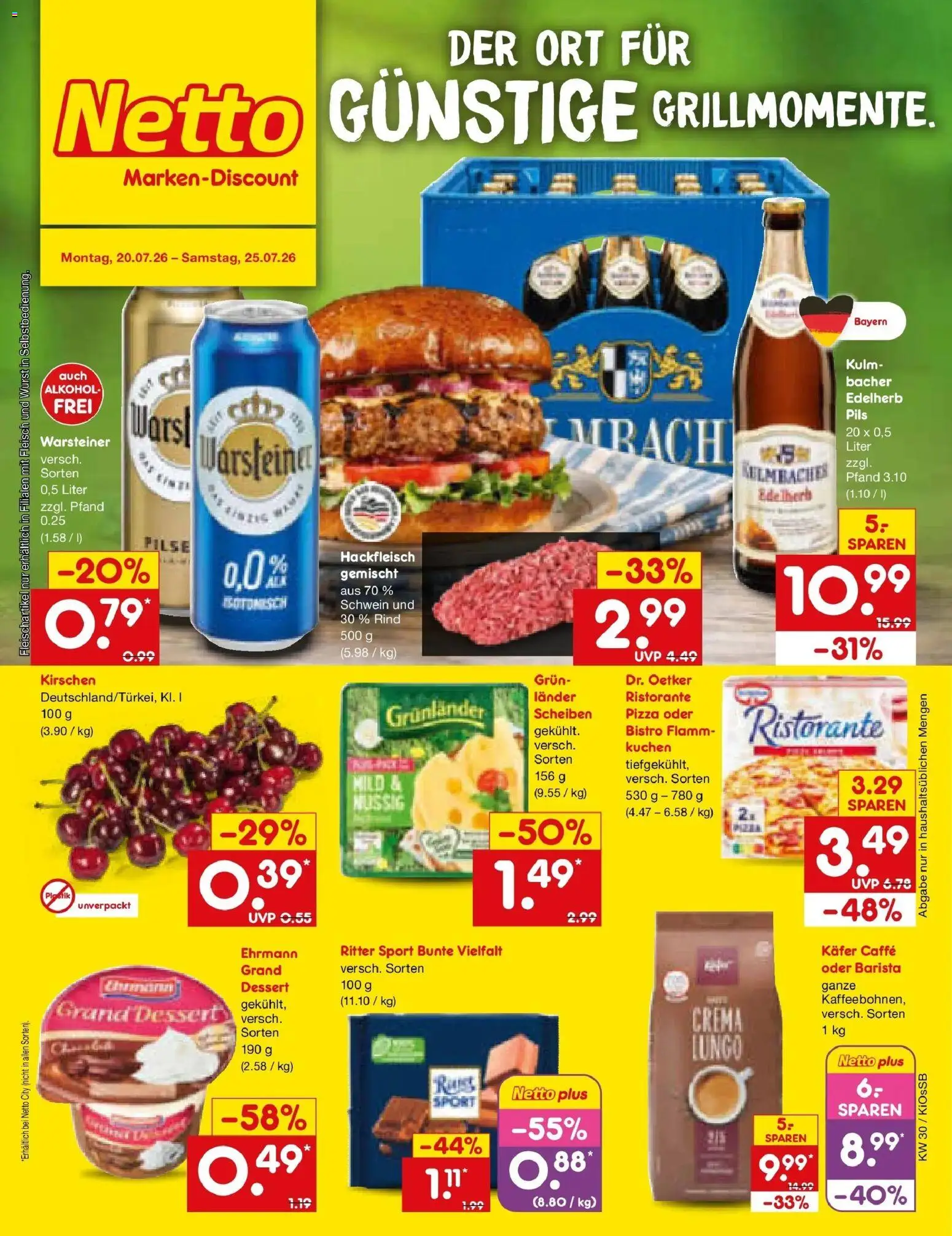 Vorschau von dem Prospekt des Geschäftes Netto Marken-Discount, gültig ab dem 20.07.2026 - Pizza, Ritter sport, Warsteiner, Fleisch, Kirschen, Ristorante, Pils, Grunlander