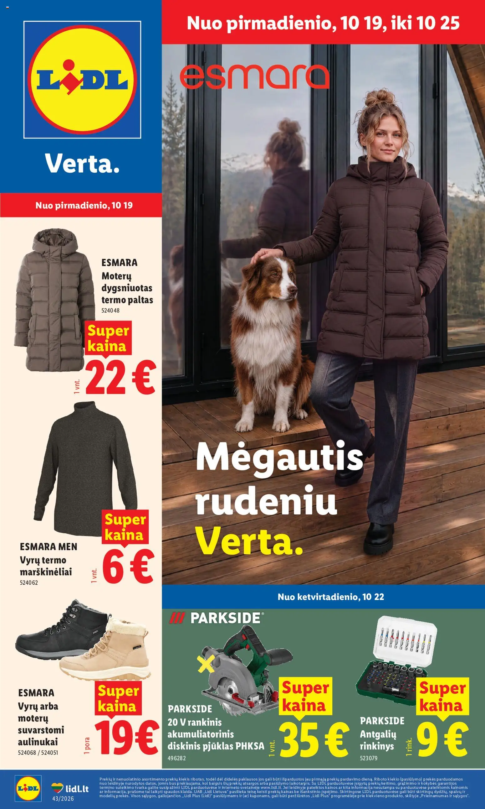 LIDL parduotuvės leidinio LIDL leidinys - Ne maisto prekių pasiūlymai galiojančio nuo 2026.10.19 peržiūra - Marškinėliai, Aulinukai, Paltas
