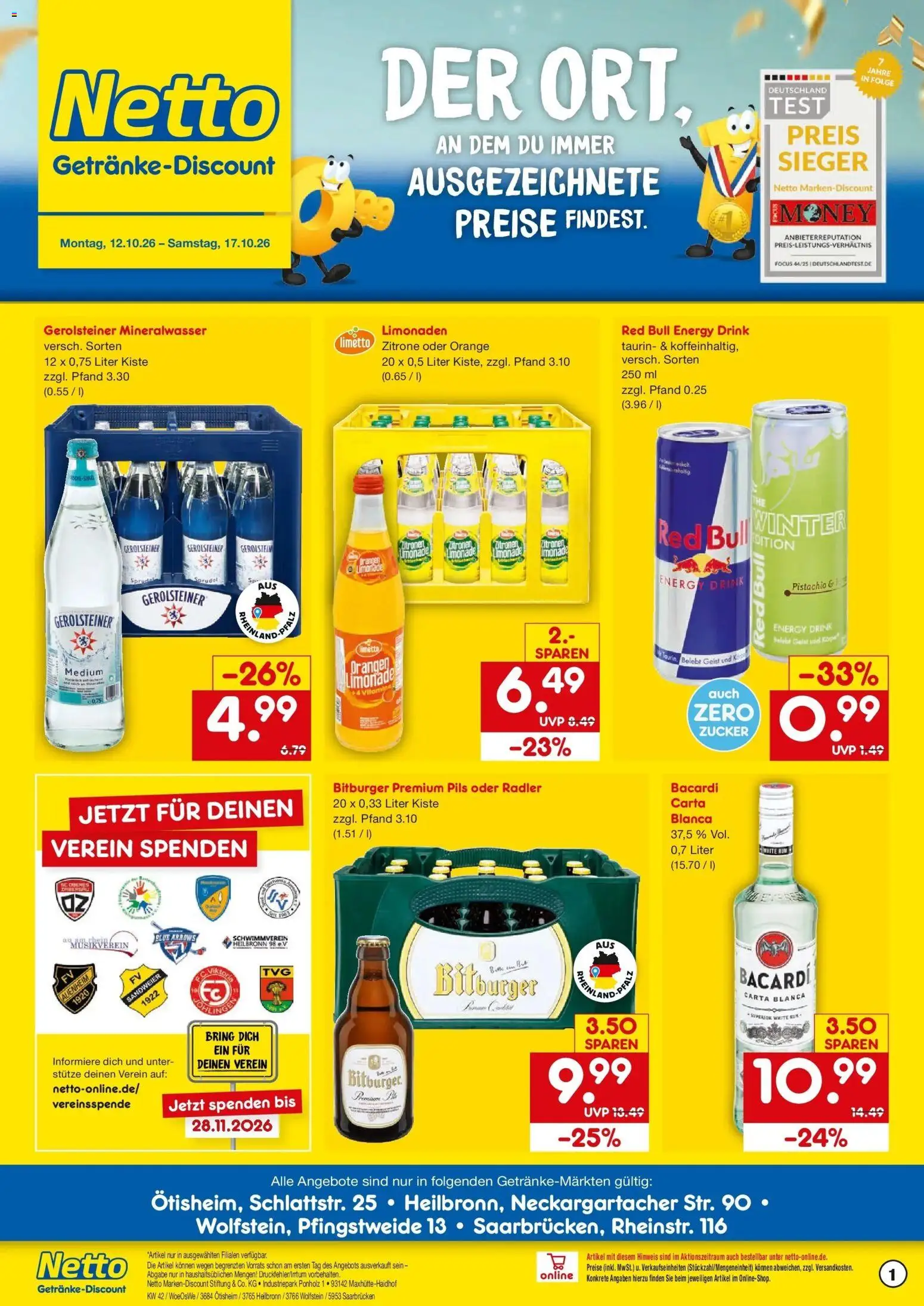 Vorschau von dem Prospekt des Geschäftes Netto Marken-Discount, gültig ab dem 12.10.2026 - Red bull, Mineralwasser, Zucker, Zitronen, Energy, Radler, Limonade, Pils