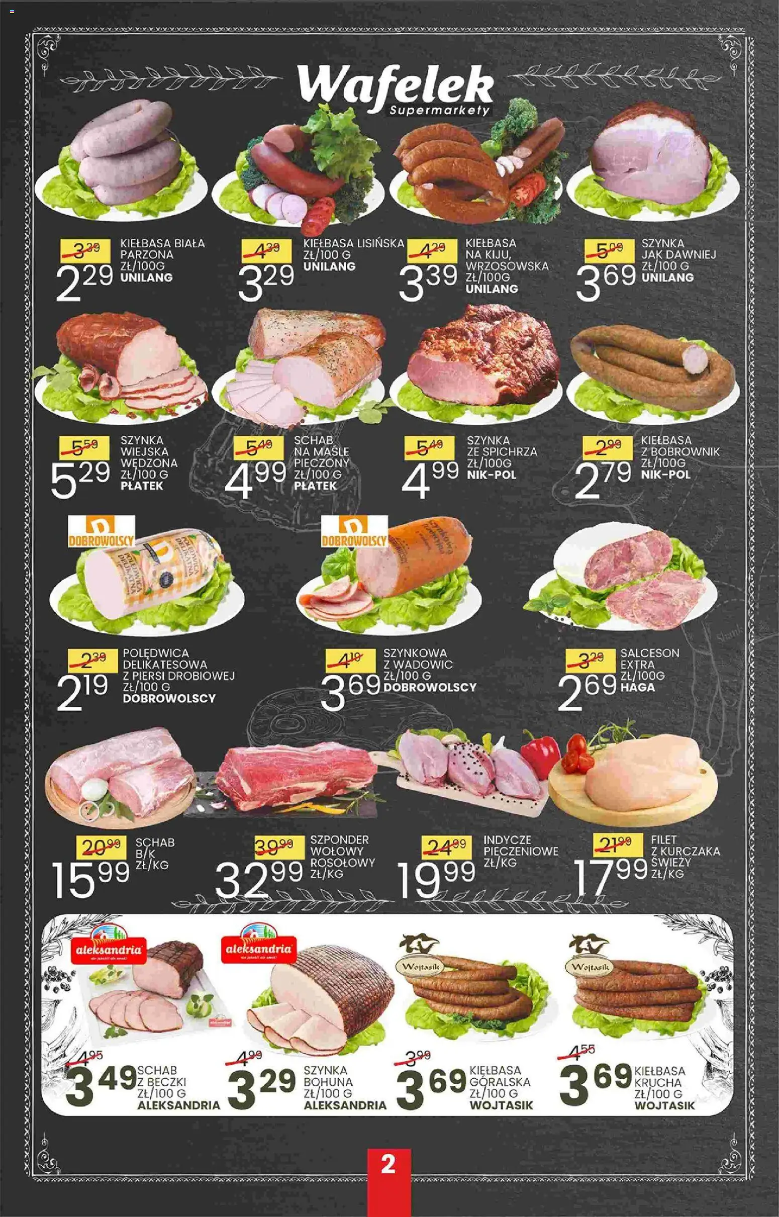 Pogląd gazetki "Wafelek gazetka" ze sklepu Wafelek ważnej od 02.11.2026 - Schab, Piersi, Kiełbasa, Salceson, Szynka, Wafelek, Filet
