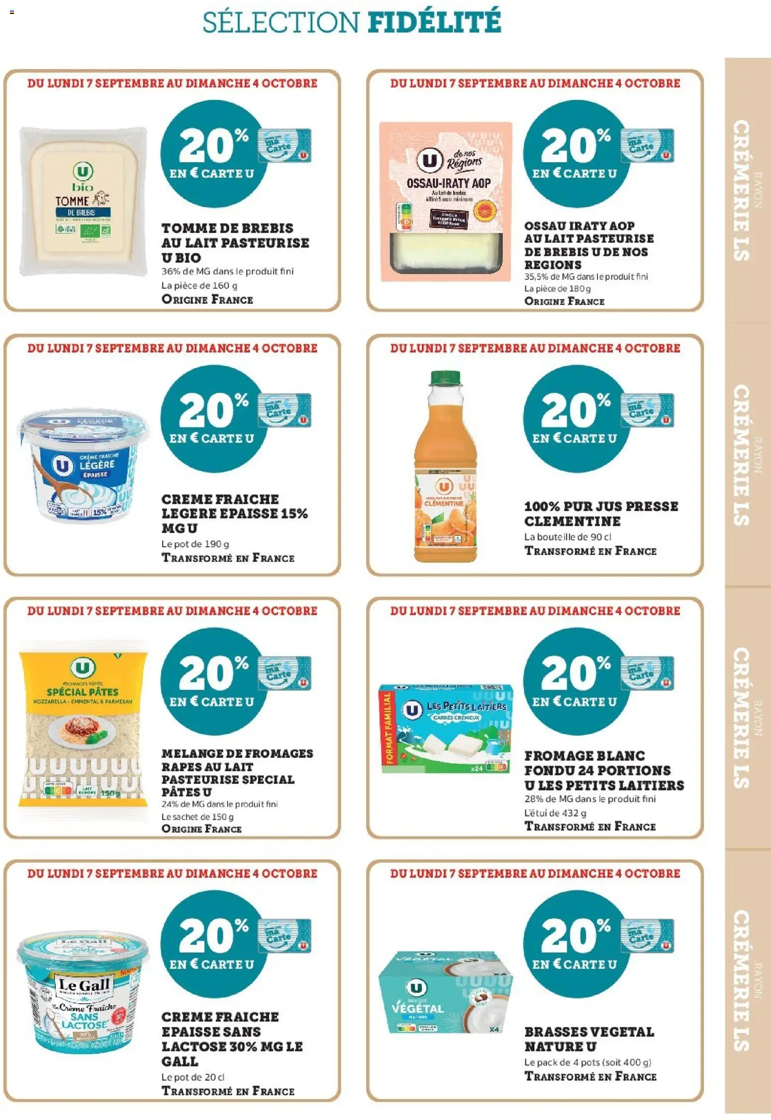 Prévisualisation de Super U - Ma sélection Carte U Septembre du magasin Super U formulaire valide 07/09/2026 - Fromage, Mais, Mozzarella, Lait, Fromage blanc, Parmesan, Emmental, Bouteille