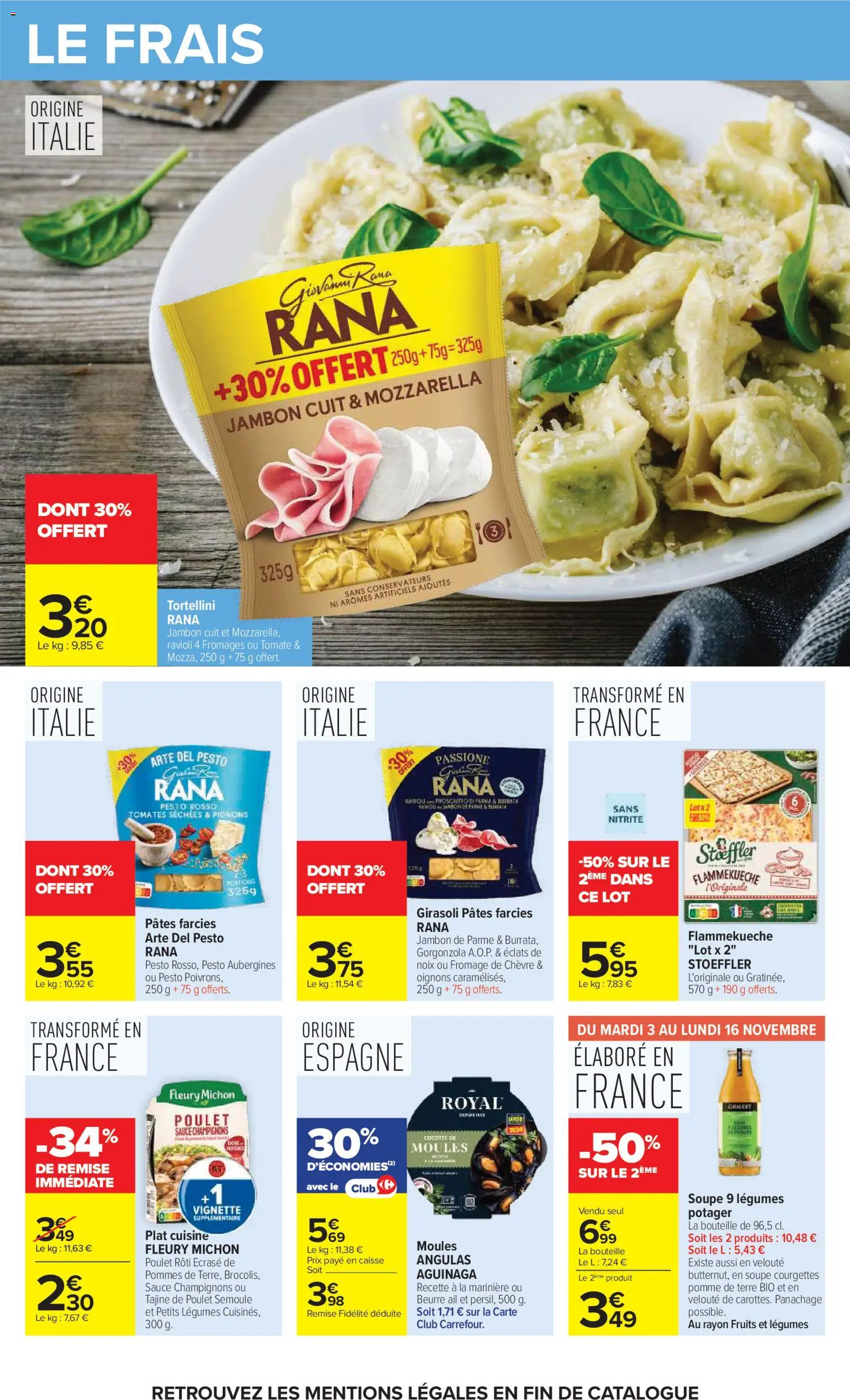 Prévisualisation de Carrefour Petit déjeuner du magasin Carrefour formulaire valide 03/11/2026 - Fromage, Pomme, Moules, Pomme de terre, Poulet rôti, Flammekueche, Jambon, Bouteille