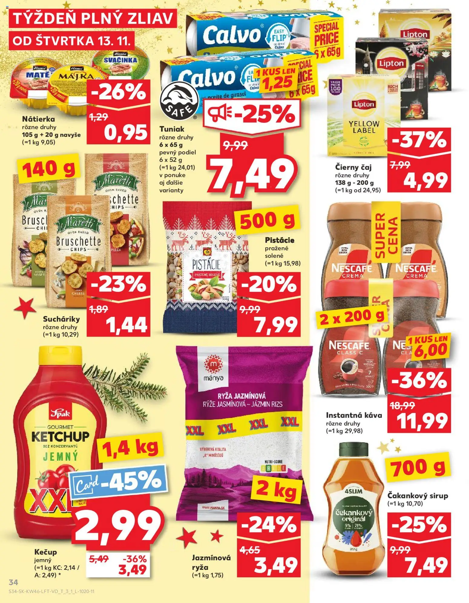 Náhľad Kaufland letáku platného od 13.11.2025 - Čaj, Tuniak, Sirup, Čierny čaj, Čakankový sirup, Instantná káva, Pistácie, Nescafé Crema