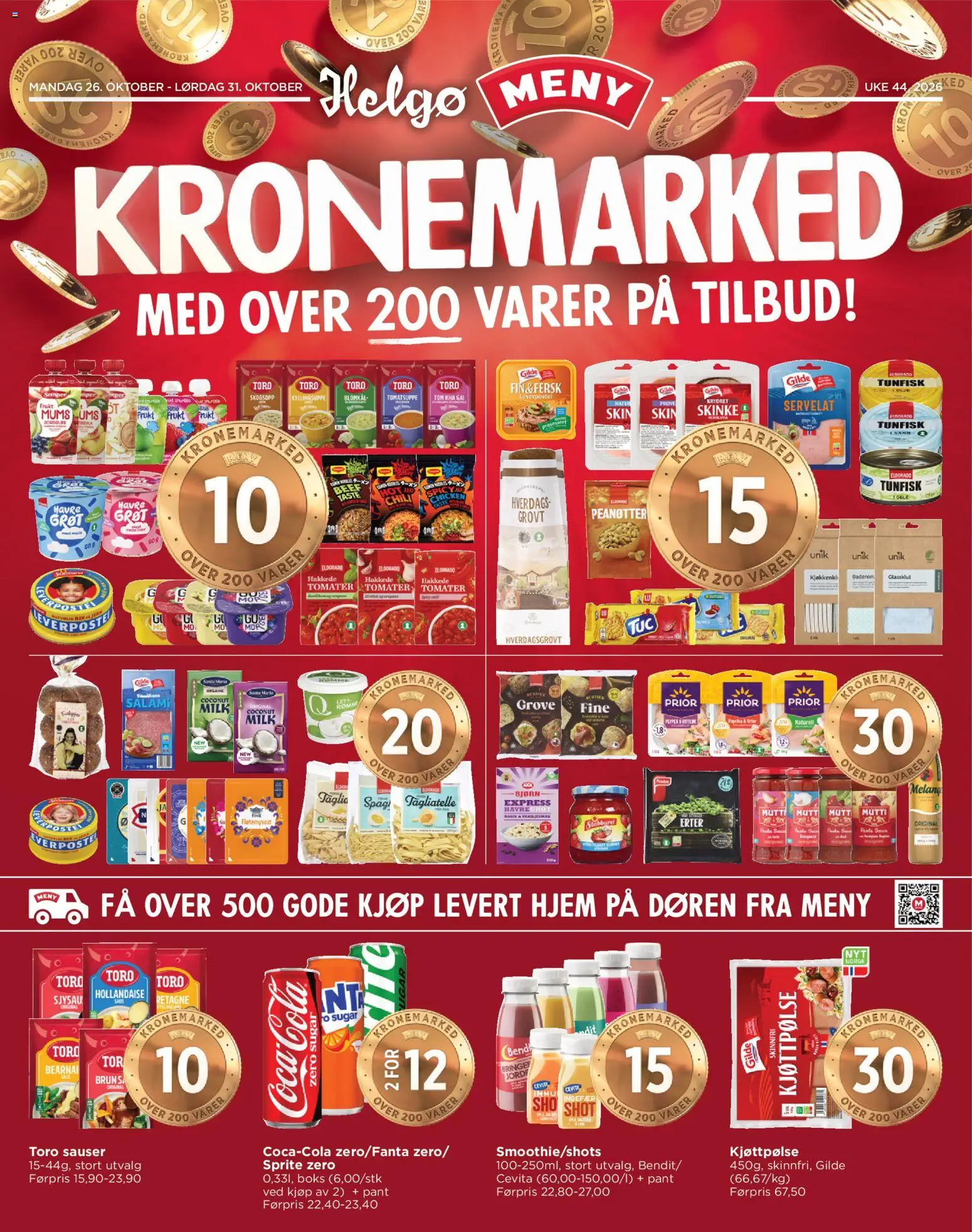 Forhåndsvis Meny Helgø kundeavis fra butikk Meny gyldig fra 26/10/2026 - Frukt, Salami, Tomater, Tunfisk, Grøt, Tomatsuppe, Tagliatelle, Sauser