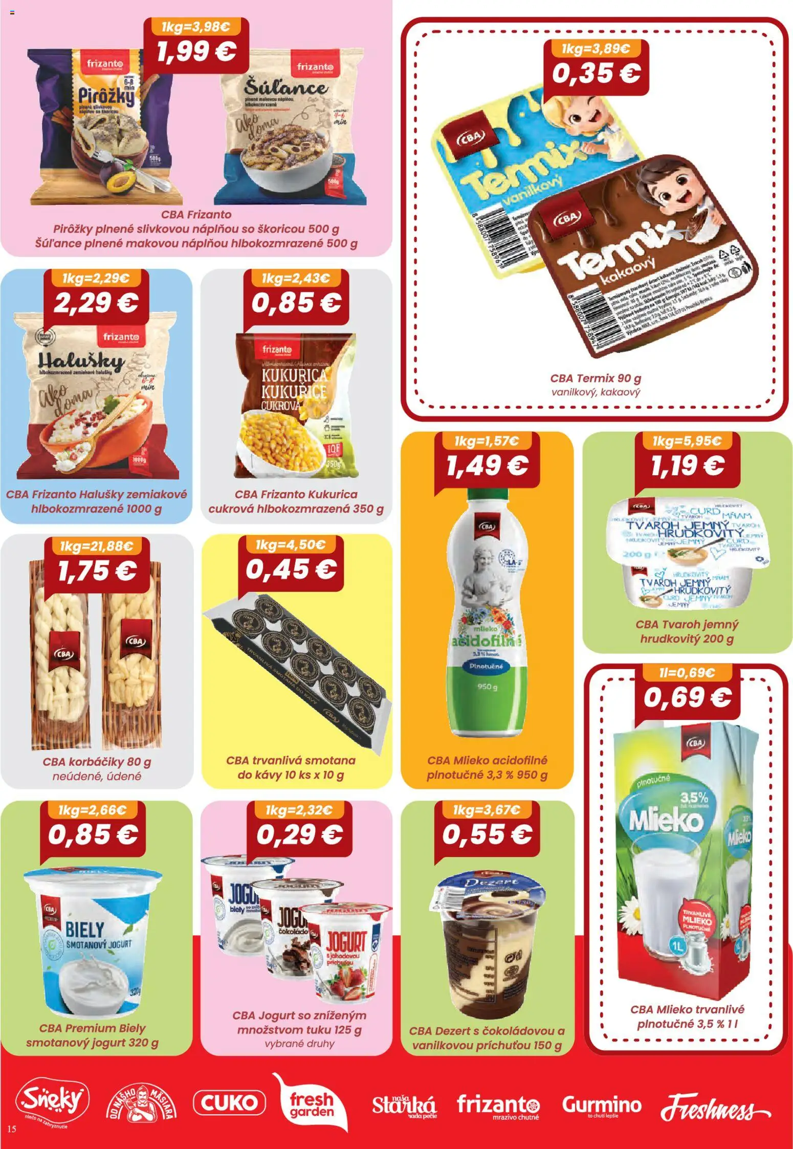 Náhľad CBA Komfos letáku platného od 01.10.2026 - Kukurica, Dezert, Jogurt, Smotana, Termix, Korbáčiky, Smotanový jogurt, Trvanlivá smotana