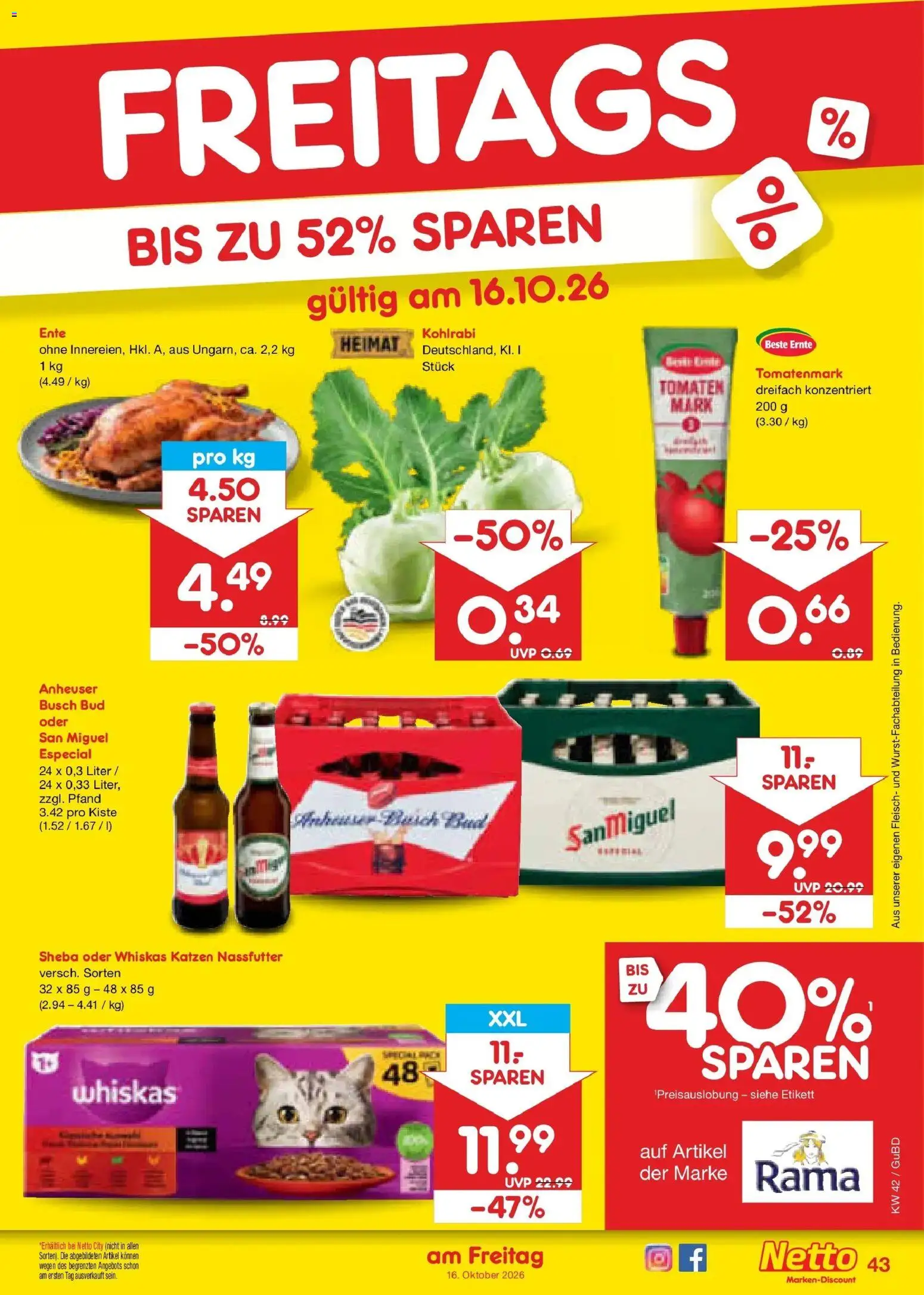 Vorschau von dem Prospekt des Geschäftes Netto Marken-Discount, gültig ab dem 12.10.2026 - Kohlrabi, Ente, Fleisch, Tomaten, Rama, Whiskas, Sheba