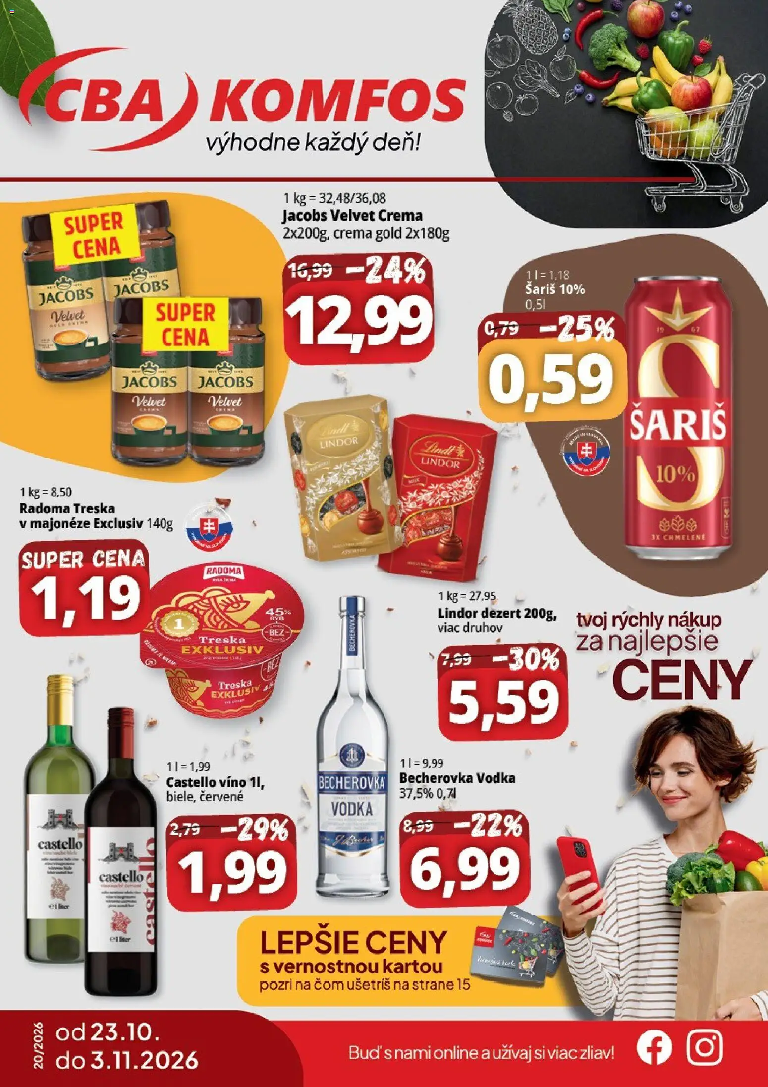 Náhľad CBA Komfos letáku platného od 23.10.2026 - Víno, Vodka, Lindt, Becherovka, Treska, Lindor, Šariš, Jacobs Velvet