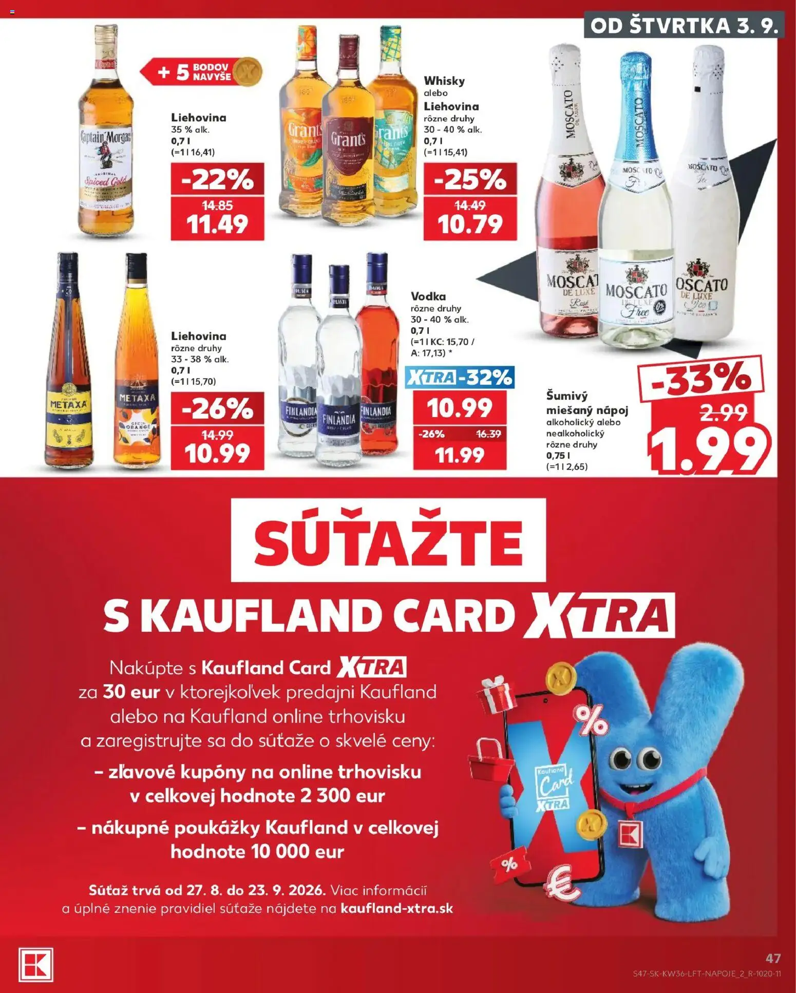 Náhľad Kaufland letáku platného od 03.09.2026 - Vodka, Captain Morgan, Whisky, Metaxa, Finlandia, Miešaný nápoj