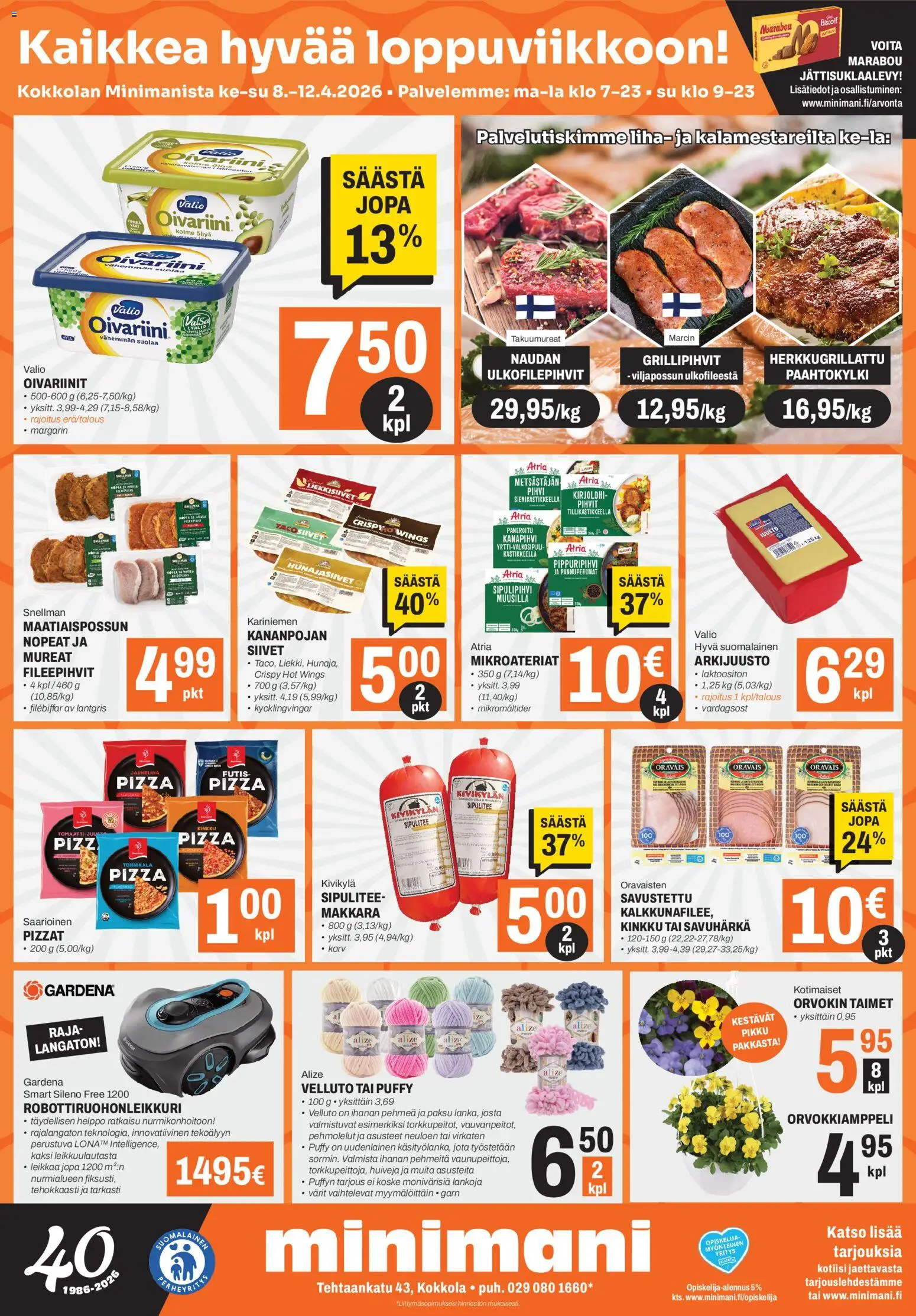 Kaupan Minimani Minimani tarjoukset - Kokkola esikatselu, voimassa 08/04/2026 - Pizza, Robottiruohonleikkuri, Kirjolohi, Makkara, Kinkku, Pihvi, Liha, Pehmolelut