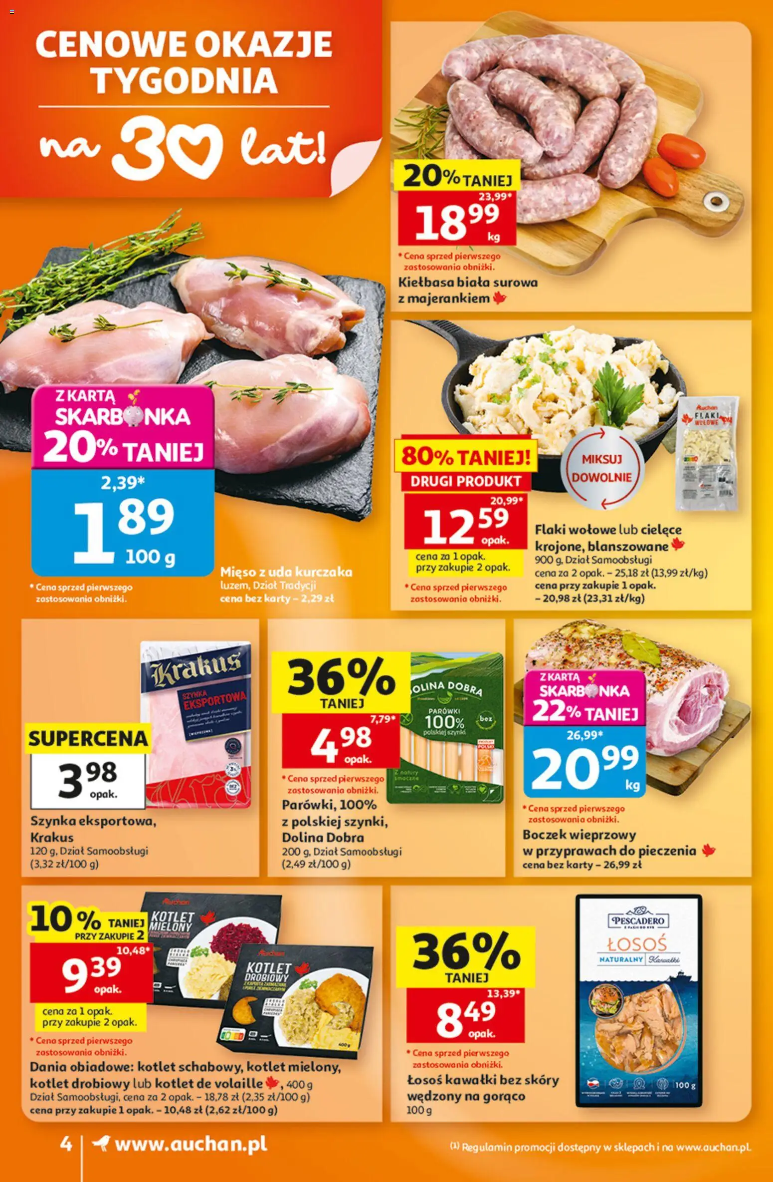 Pogląd gazetki "Auchan gazetka" ze sklepu Auchan ważnej od 08.10.2026 - Flaki, Łosoś, Kiełbasa, Boczek, Flaki wołowe, Parówki, Mięso z uda kurczaka, Kiełbasa biała surowa