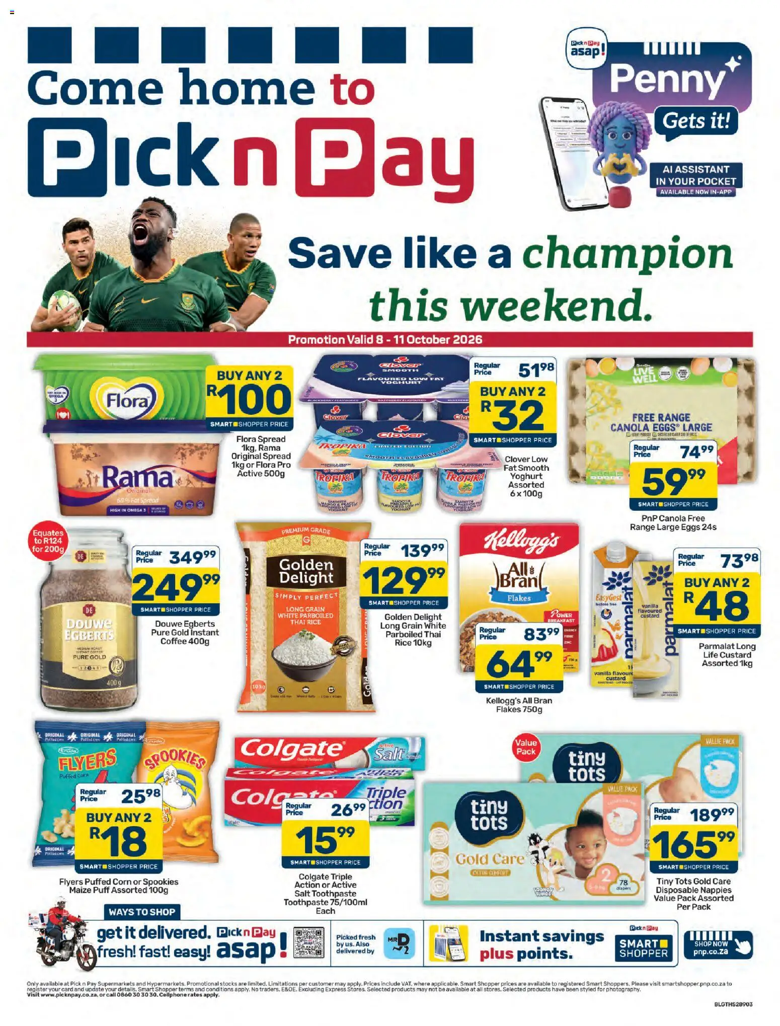 Preview of Pick n Pay flyer valid from 08/10/2026 - Breakfast, Salt, Corn, Rice, Yoghurt, Custard, Nappies, Fat spread