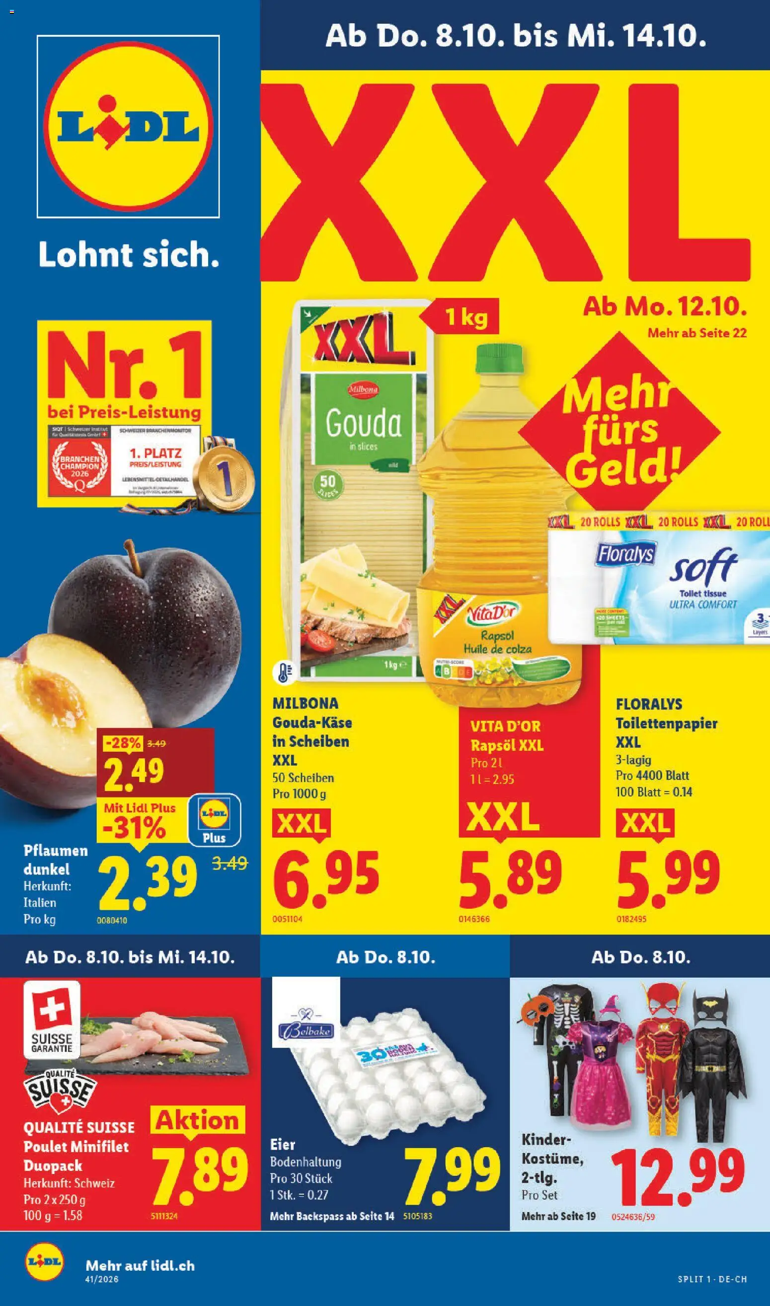 Vorschau des Merkblatts Lidl aktionen vom Shop Lidl gültig von 08.10.2026 bis 14.10.2026 - Eier, Rapsöl, Gouda, Toilettenpapier, Gouda-Käse