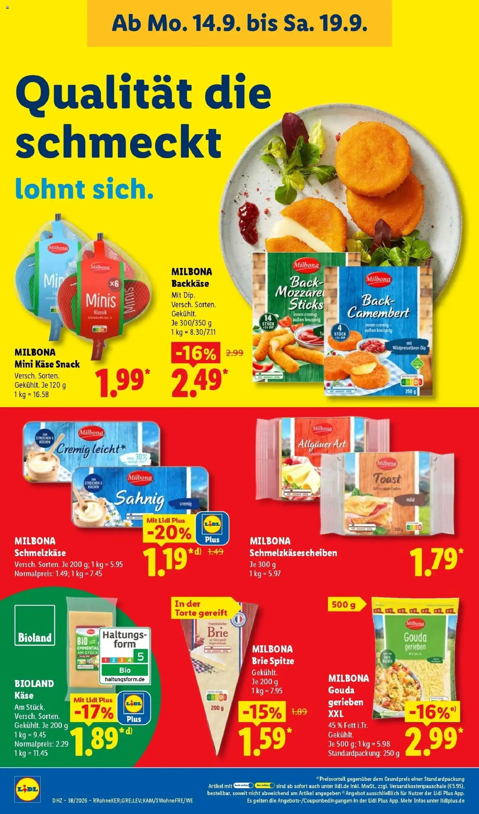 Vorschau von dem Prospekt des Geschäftes Lidl, gültig ab dem 14.09.2026 - Käse, Mozzarella, Camembert, Toast, Gouda
