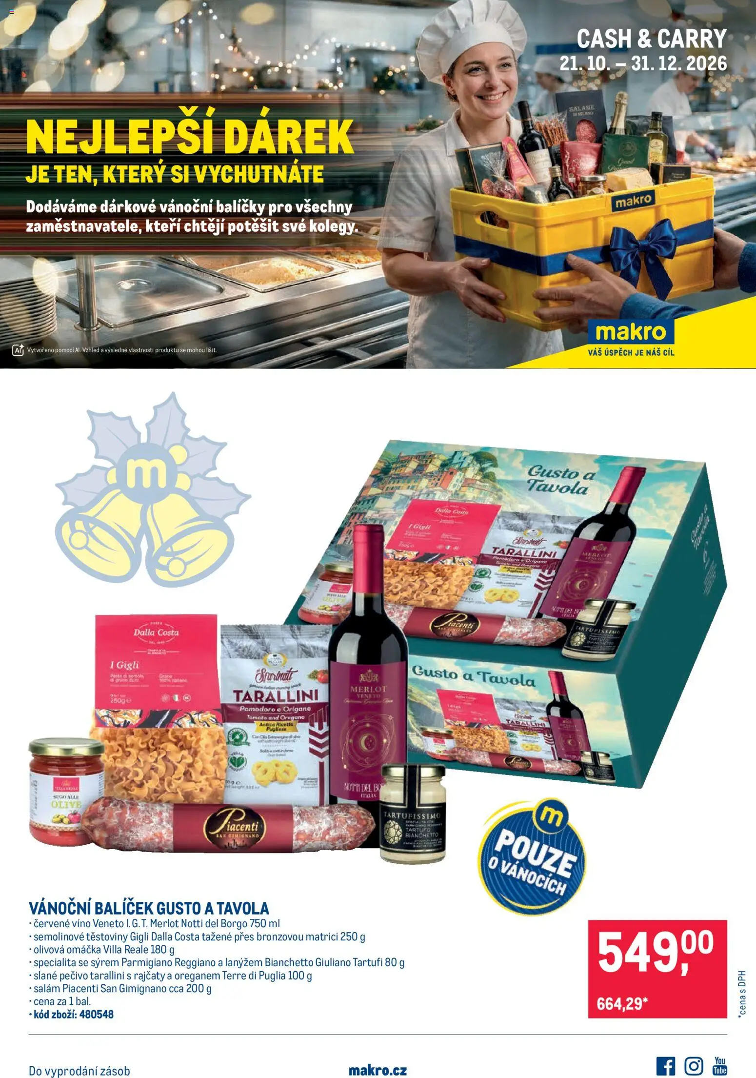 Náhled nabídky: Makro Makro leták - Vánoční balíčky platný od 21.10.2026 - Pečivo, Víno, Těstoviny, Salám, Merlot, Parmigiano Reggiano, Červené víno, Semolinové těstoviny