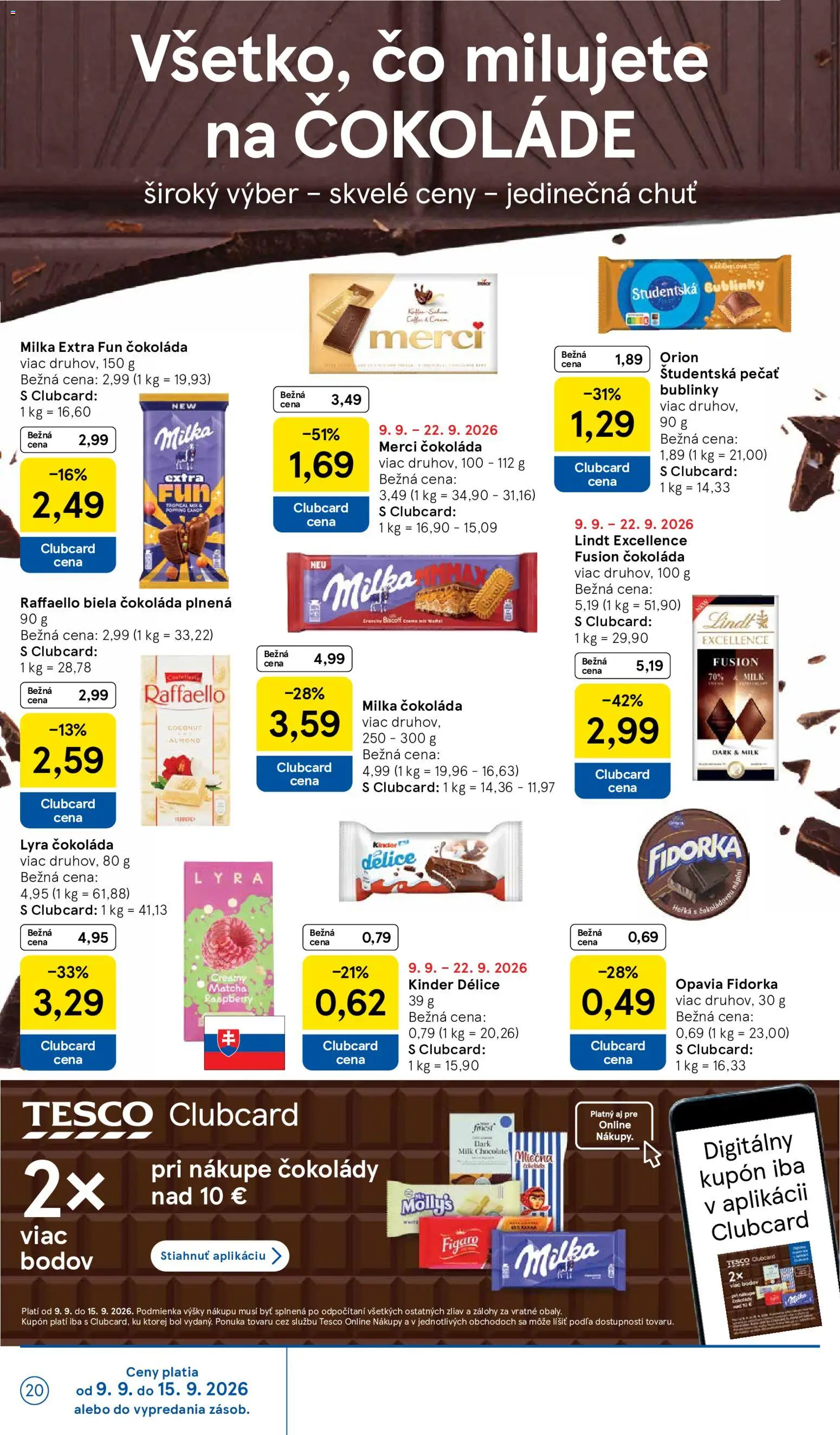 Náhľad Tesco letáku platného od 09.09.2026 - Matcha, Čokoláda, Lindt, Kinder, Milka, Raffaello, Merci, Biela čokoláda