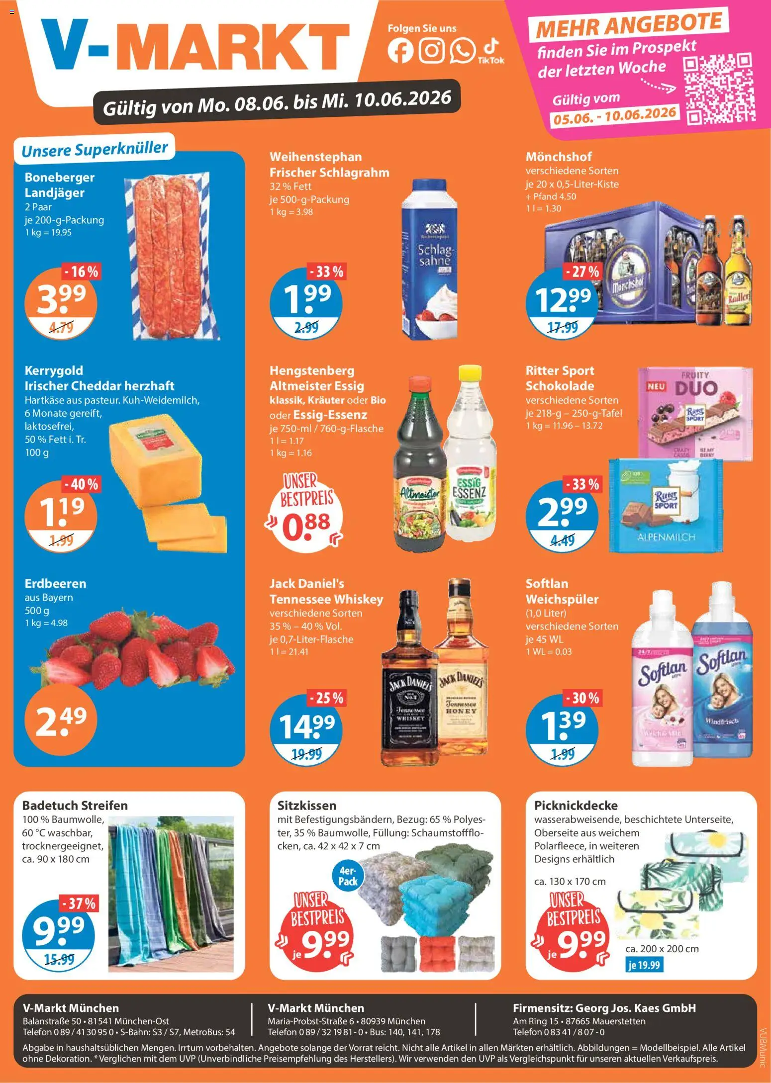 Vorschau von dem Prospekt des Geschäftes V-Markt, gültig ab dem 08.06.2026 - Schokolade, Ritter sport, Whiskey, Sahne, Essig, Weichspüler, Monchshof, Jack Daniel's