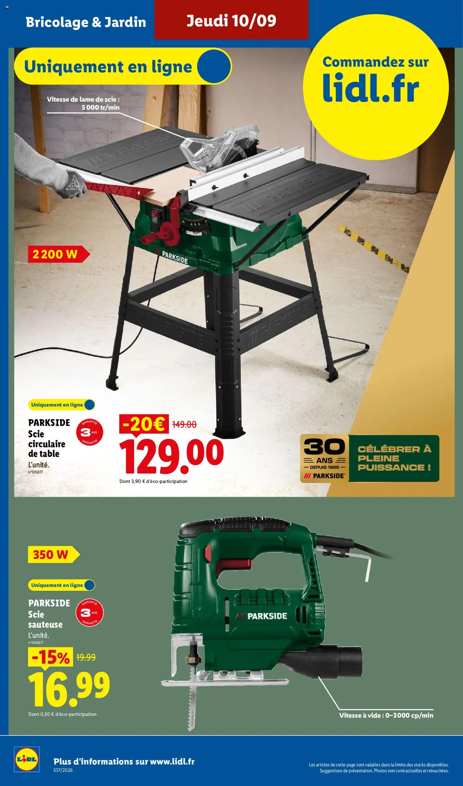 Prévisualisation de LIDL catalogue les bonnes affaires Exclu Web du magasin LIDL formulaire valide 07/09/2026 - Bricolage, Parkside, Scie circulaire, Table, Scie sauteuse, Parkside scie sauteuse, Scie circulaire de table